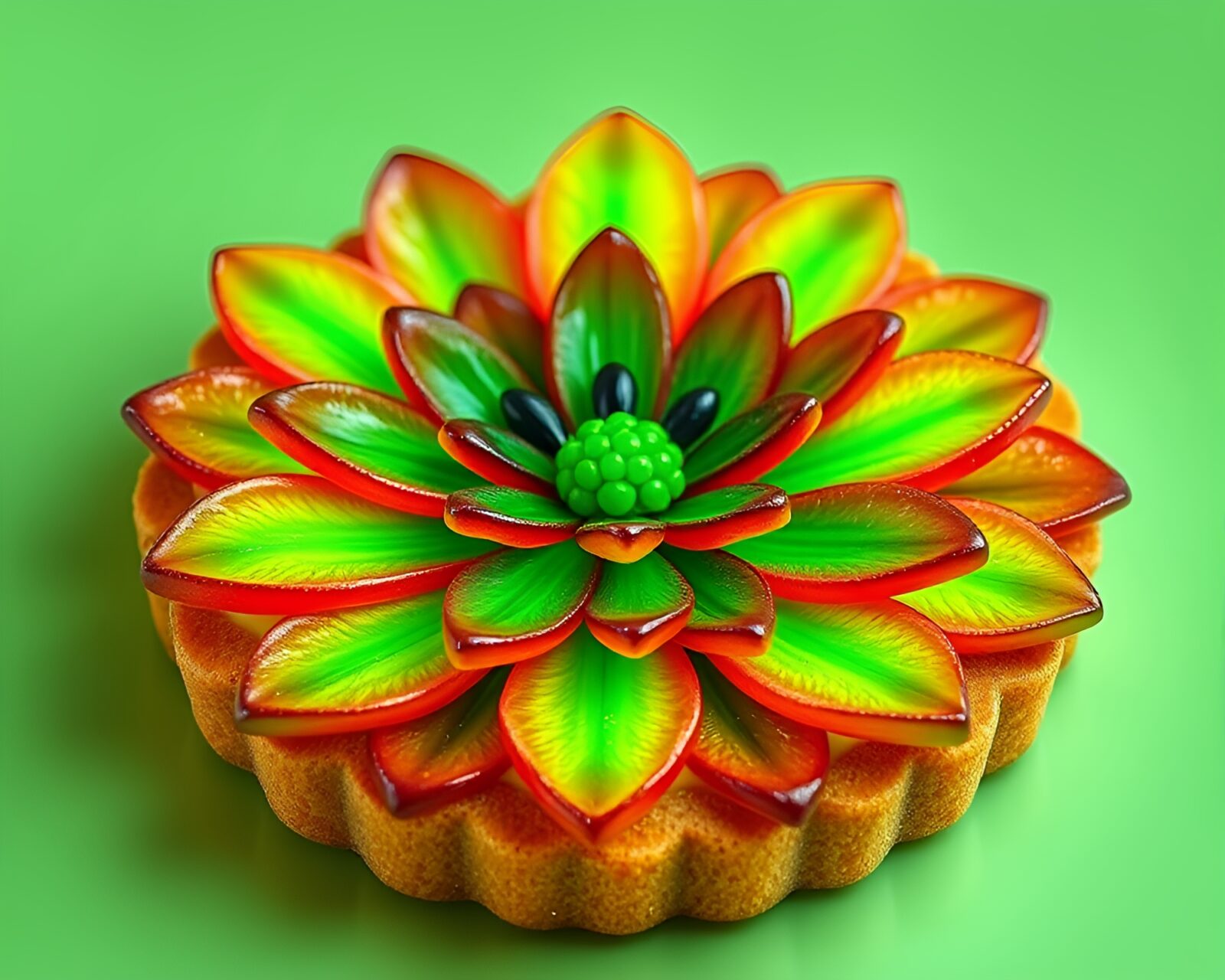 A mesmerizing 3D image of a fruit tart bedazzled with emerald petals