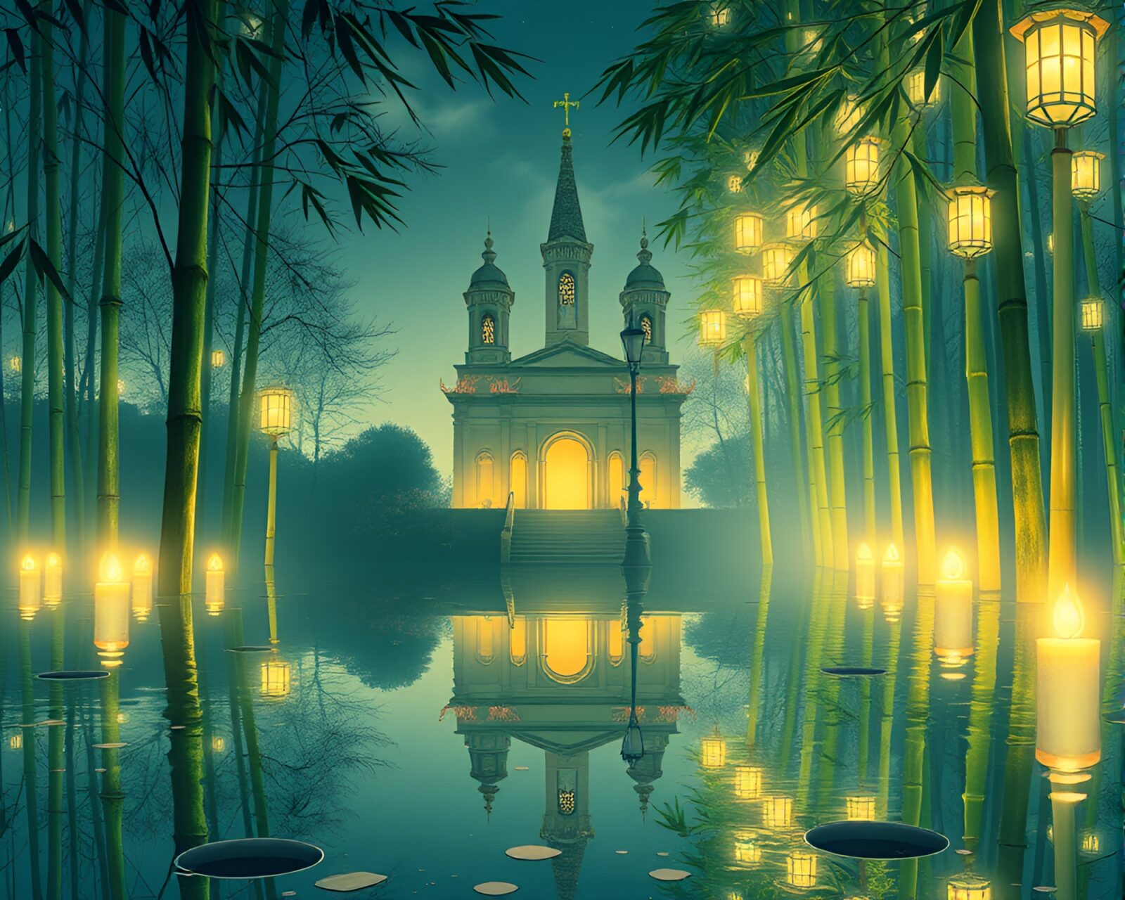 Fashion illustration of musician playing bamboo flute in church candlelit ambiance