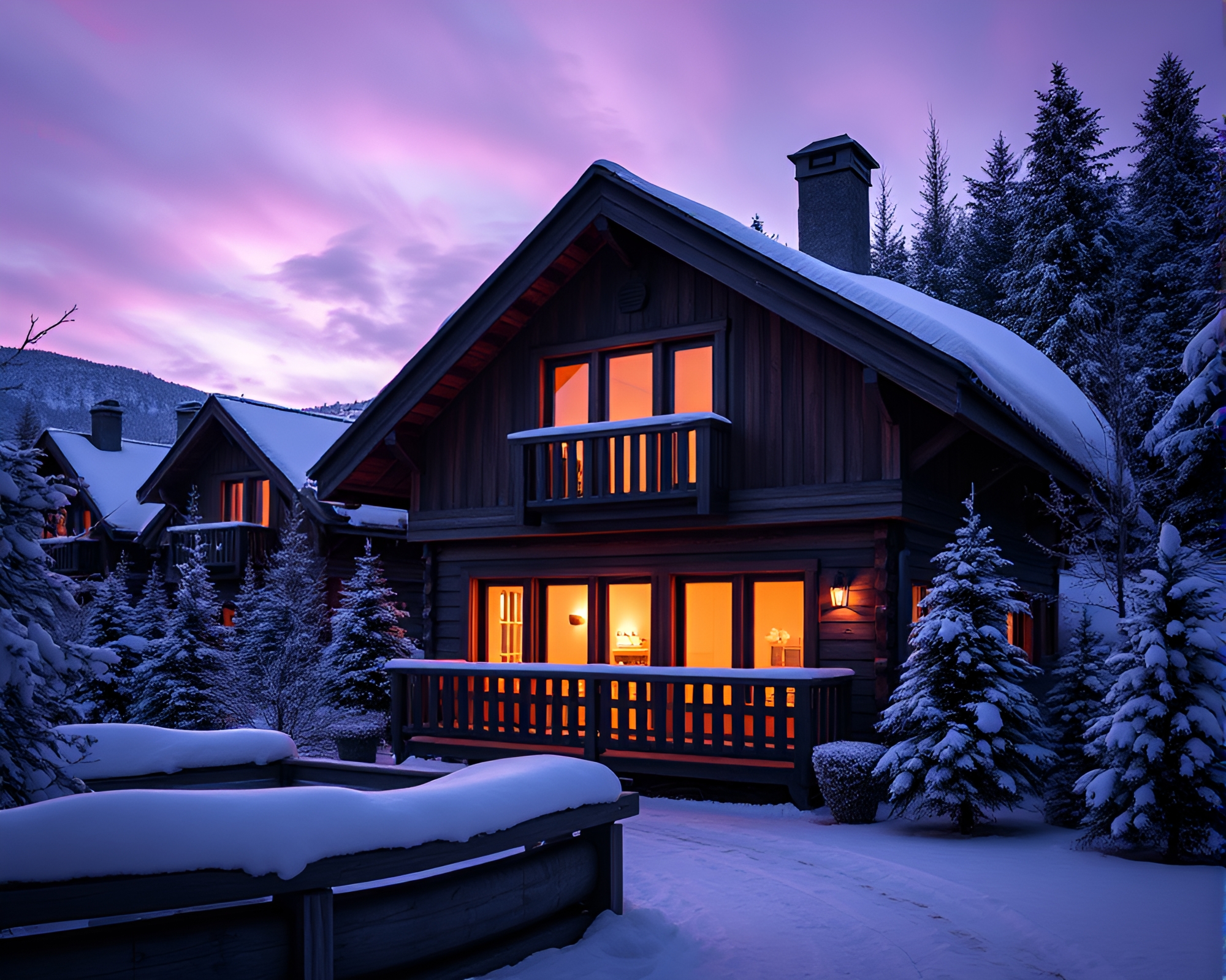 Twilight Purple Alpine Chalet Hair Simulation – free AI stock image