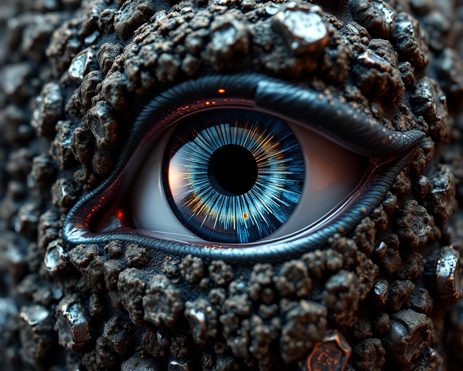 Futuristic metallic eye embedded with intricate green lichen texture