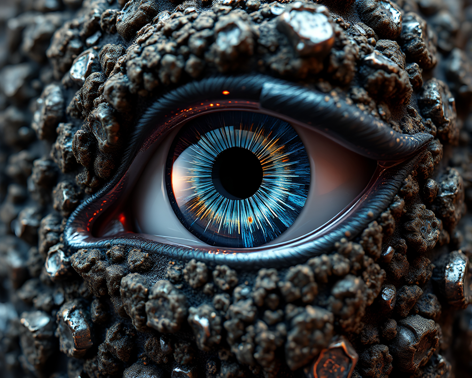 Lichen-Infused Cybernetic Eye with Wireframe Render – free AI stock image