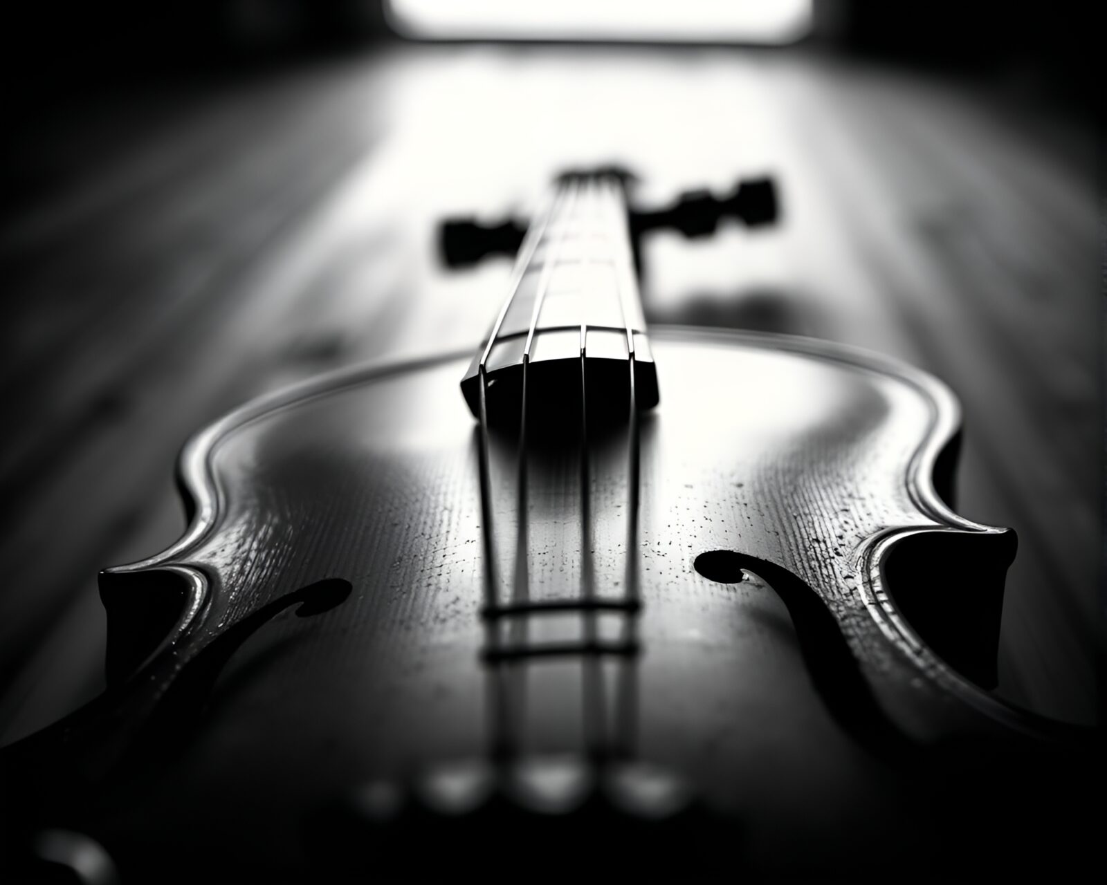 Worm's eye view of dark, wooden violin in stipple shading