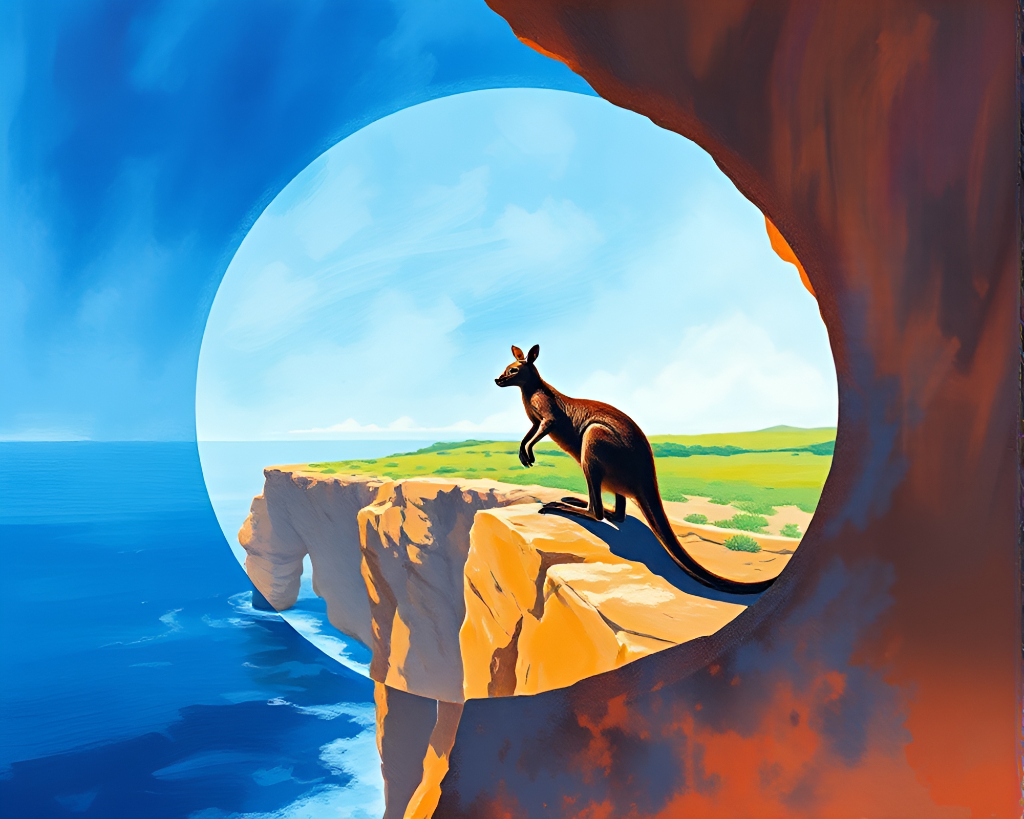 Impressionist Kangaroo Silhouette on Cliffside at Dusk – free AI stock image