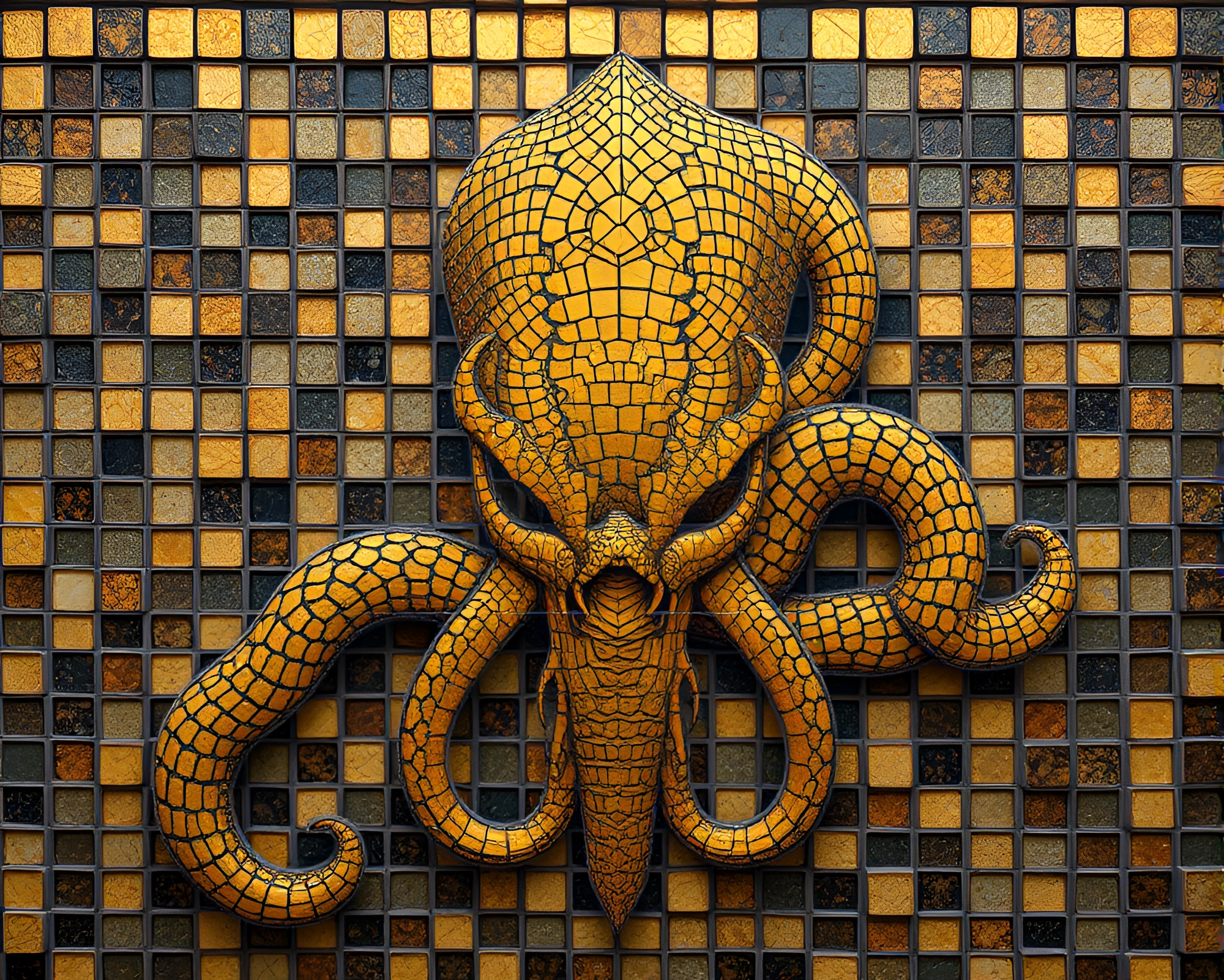 Dystopian Kraken mosaic tiling in savannah golds – free AI stock image