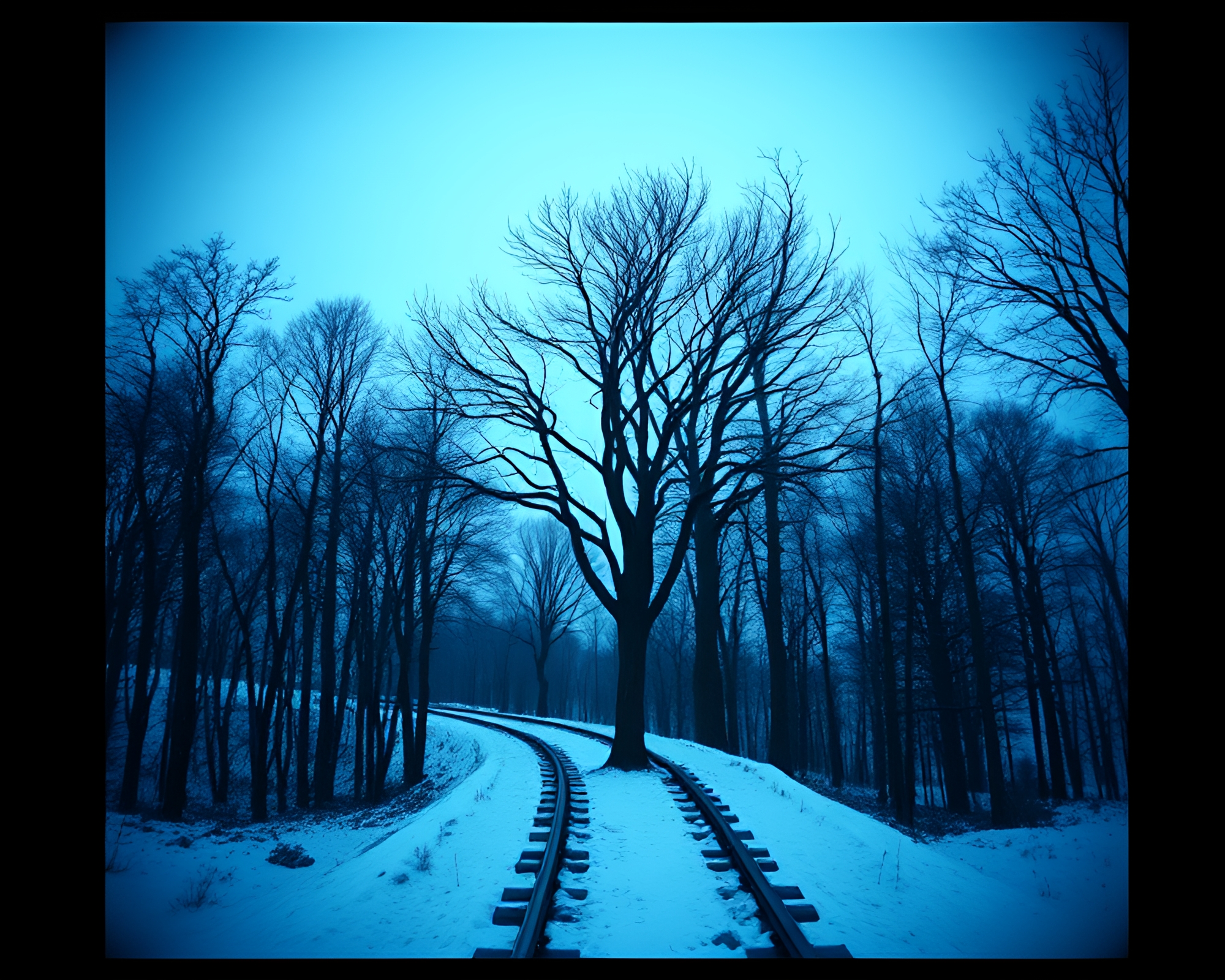 Monorail journey through icy tree ring landscape – free AI stock image