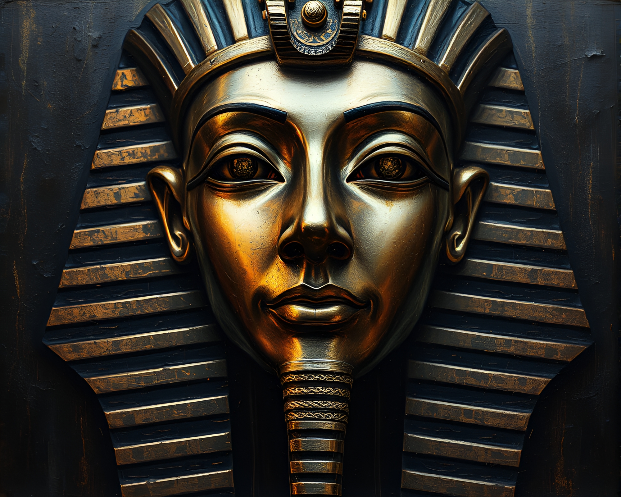 Pharaoh’s Mask Illuminated in Metallic Light Painting – free AI stock image