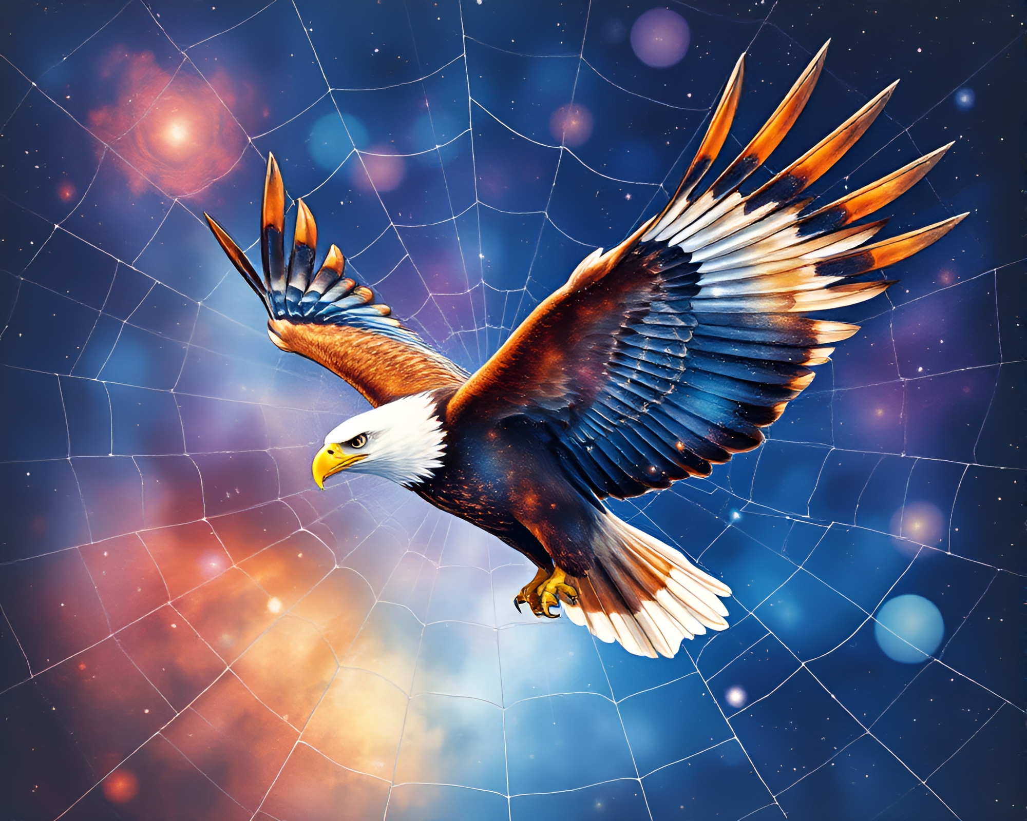 Eagle Soaring through Galaxy-Colored Cobweb Strands – free AI stock image