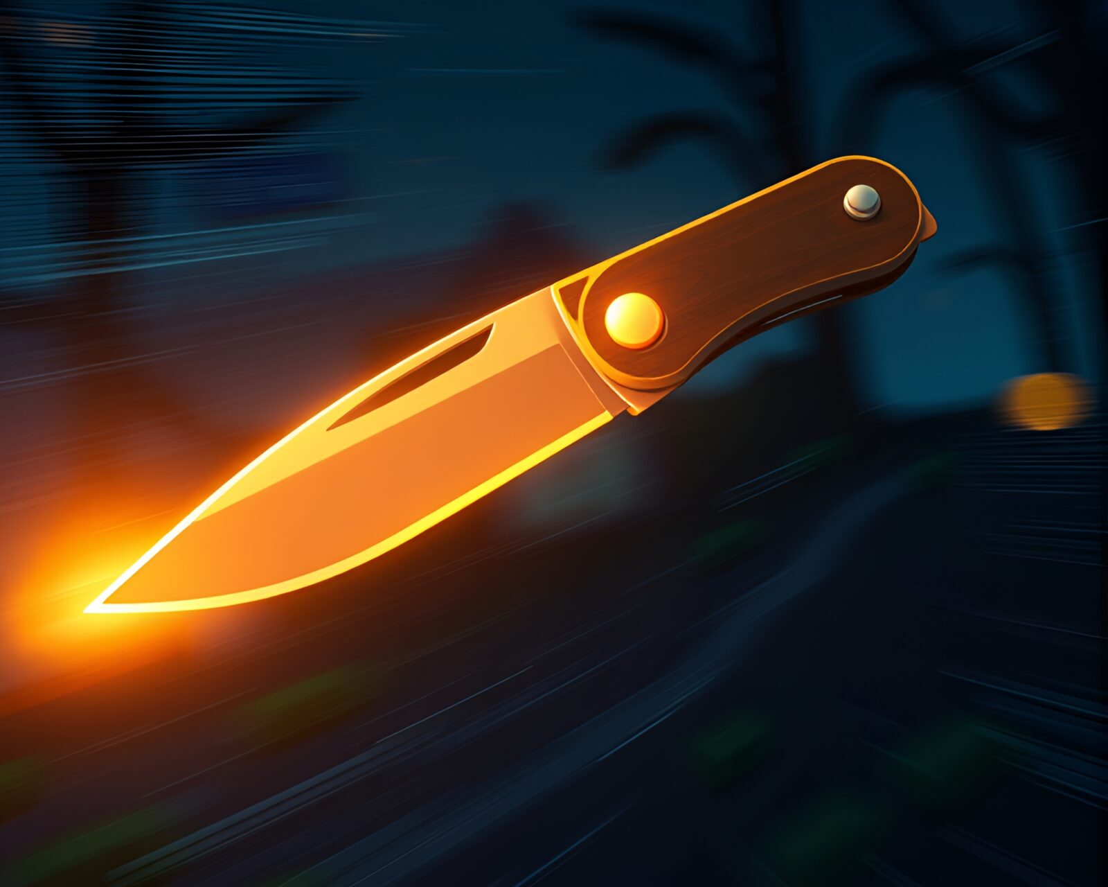 Cartoon scene of a rusty pocketknife illuminated by solar flare glow