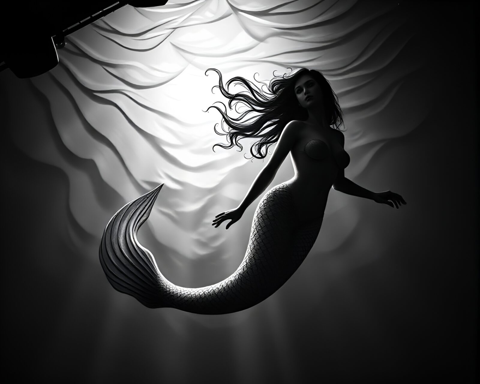 Detail of elegant engraving showing mermaid in shadowed depths
