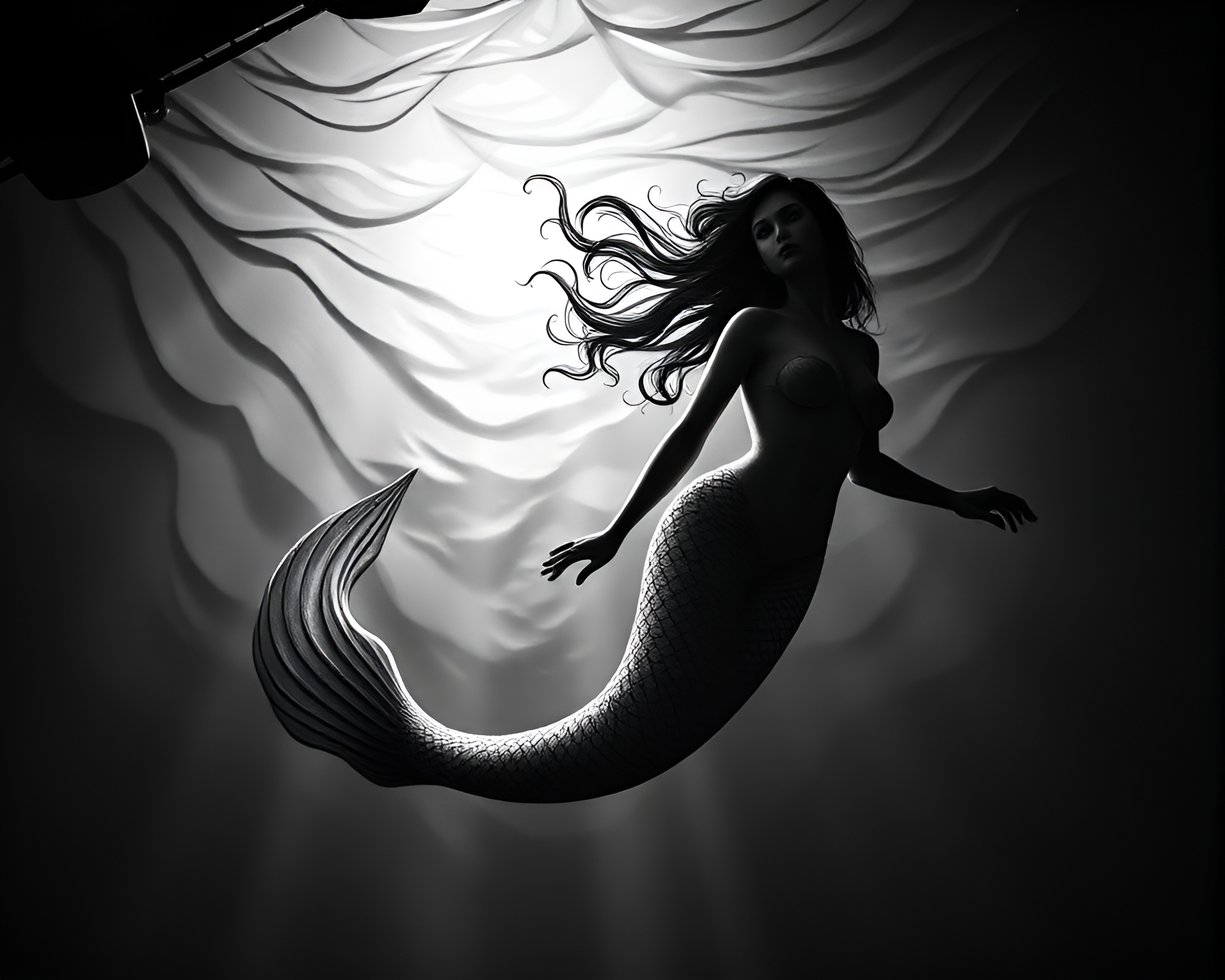 Engraved Mermaid Seen from Above in Dim Light – free AI stock image