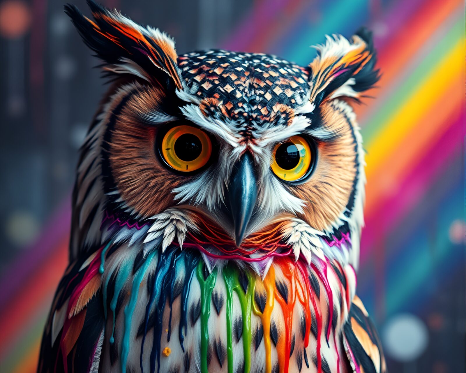 Vibrant clockwork owl in rainbow cosmic light and dripped paint