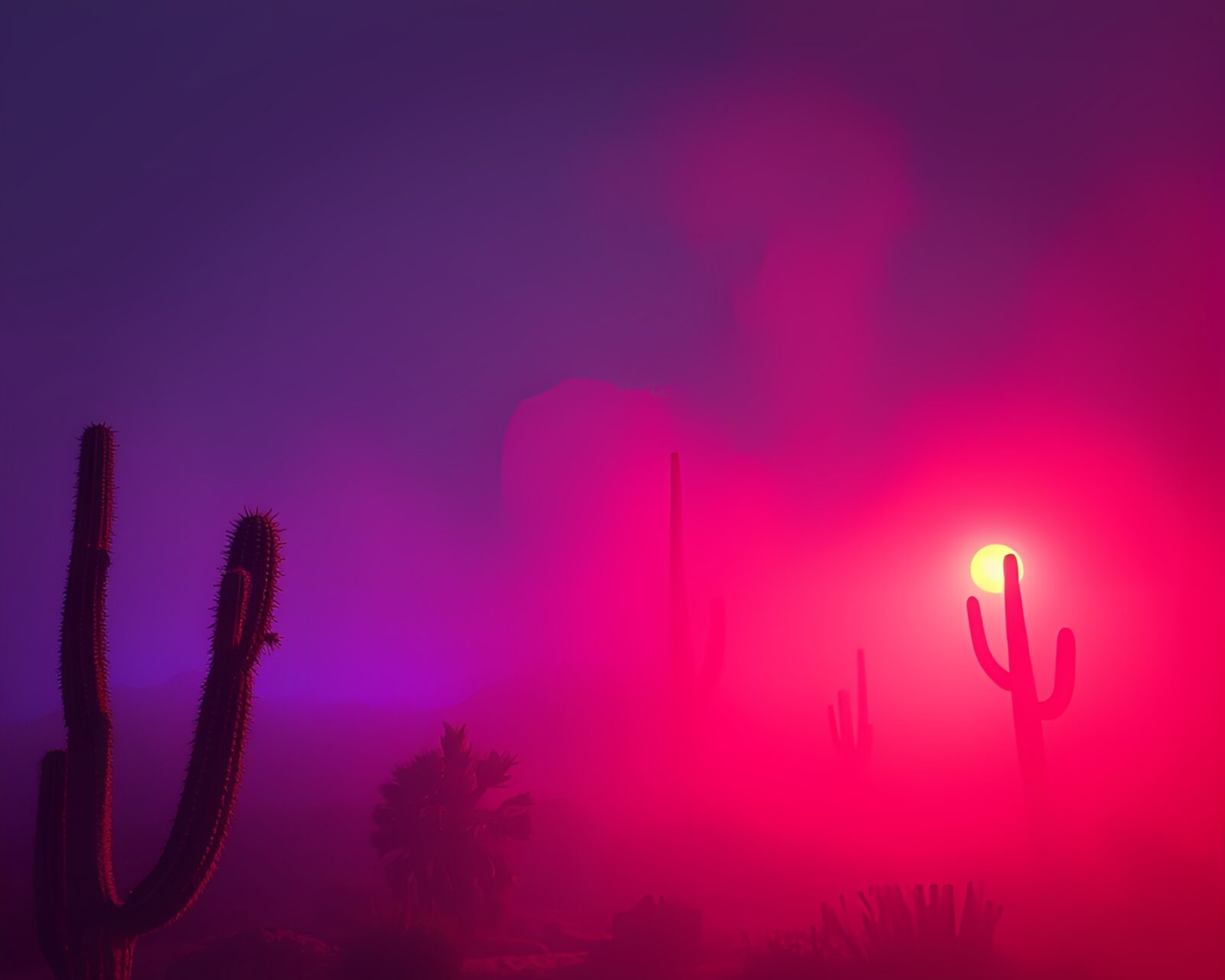 Foggy desert scene with cacti in holographic hues