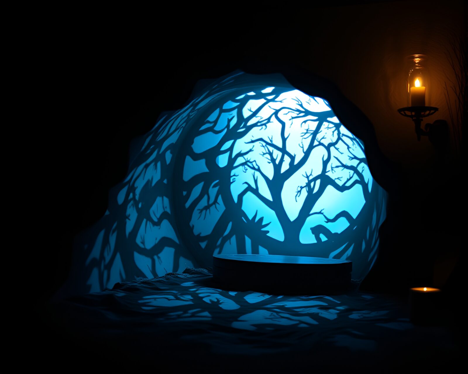 Ethereal scene with intricate wormhole generator in chilling blue light