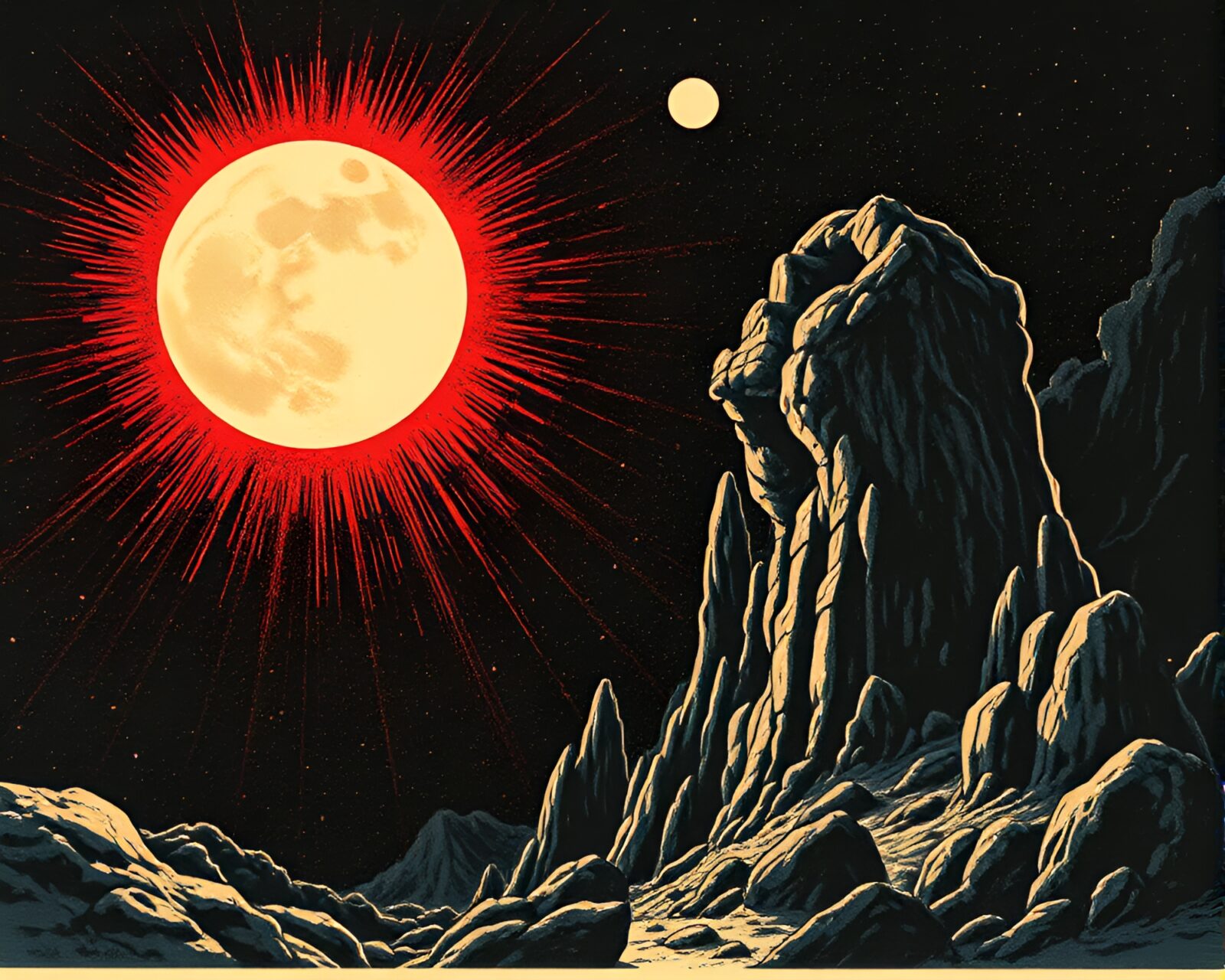 A mysterious and eerie woodblock print of cosmic horror creatures illuminated by flickering torchlight in a high-contrast noir style.
