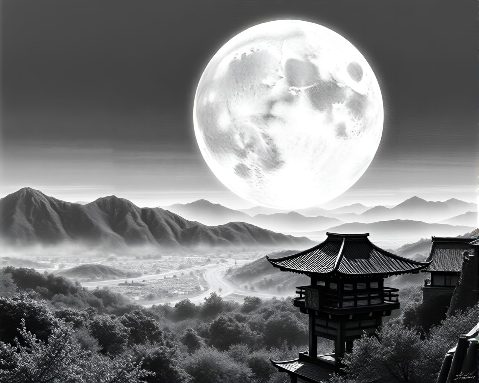 Panoramic etching of warrior under moonlit sky with sword