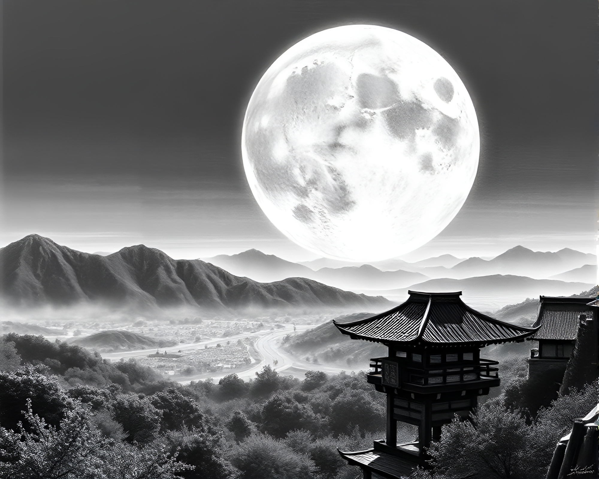 Samurai under lunar etched sky panorama – free AI stock image