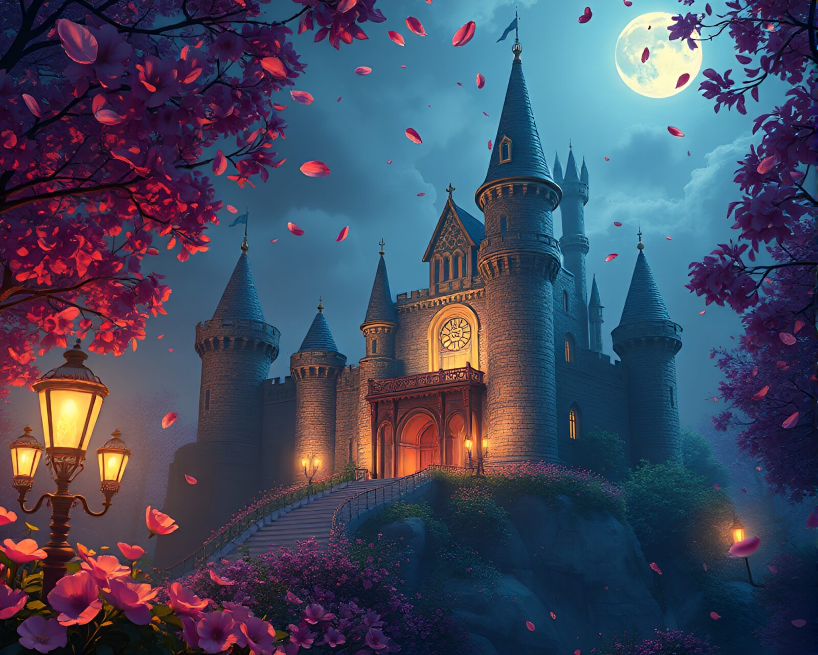 Illustration of a fantastical steampunk castle garden with flower petals