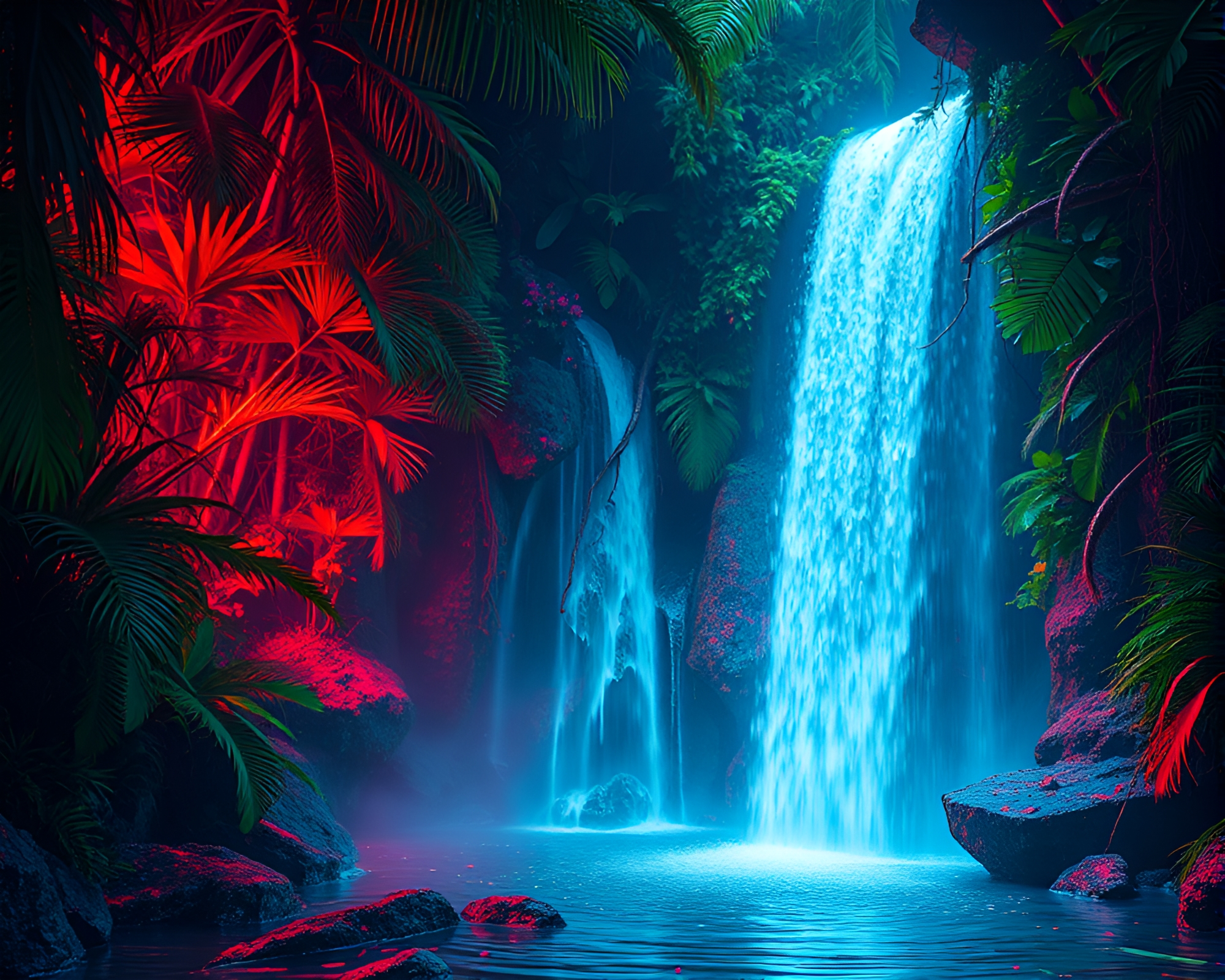 Neon Wireframe Tropical Waterfall in Fluorescent Light – free AI stock image