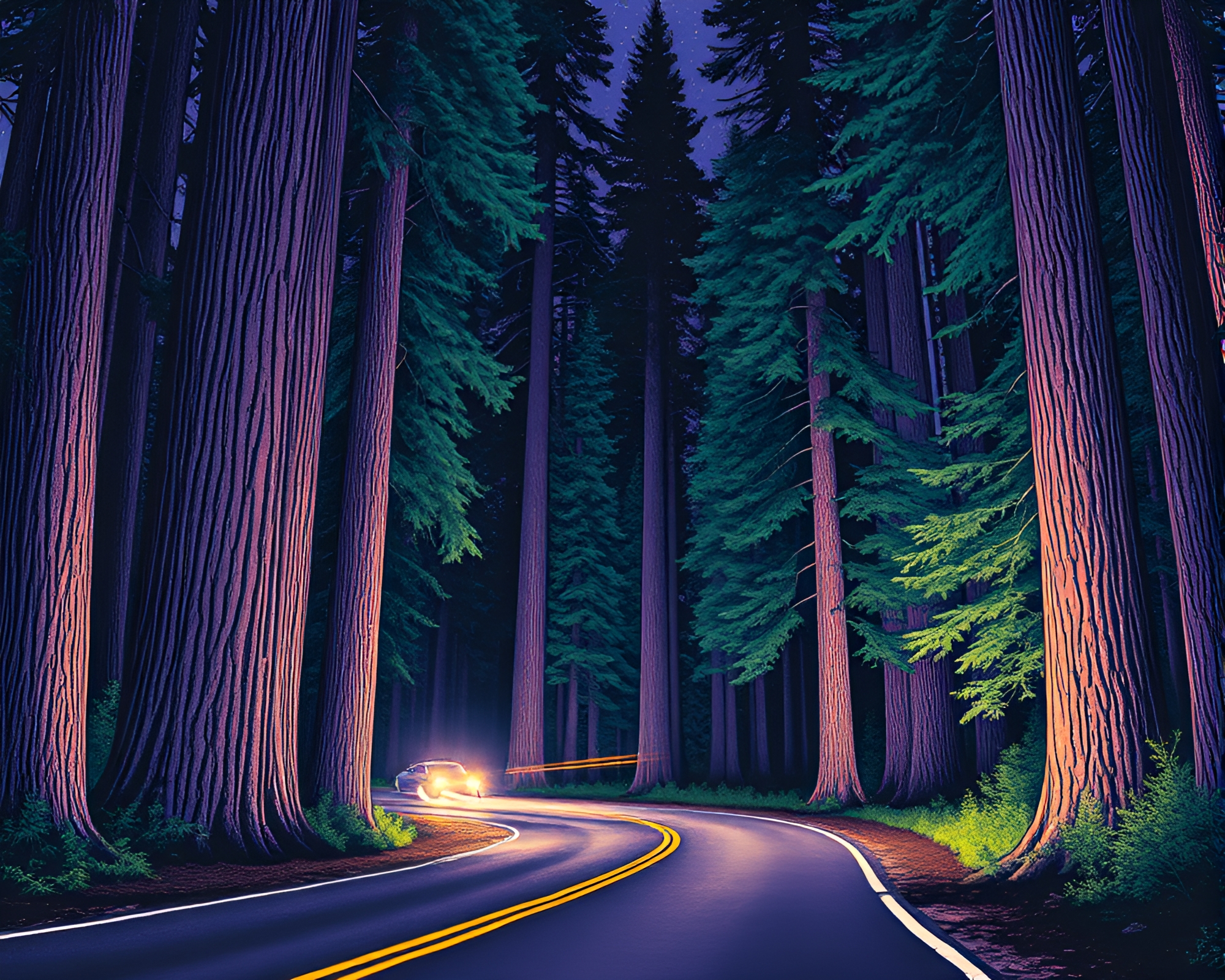 Redwood Tree Car Light Trails Artwork – free AI stock image