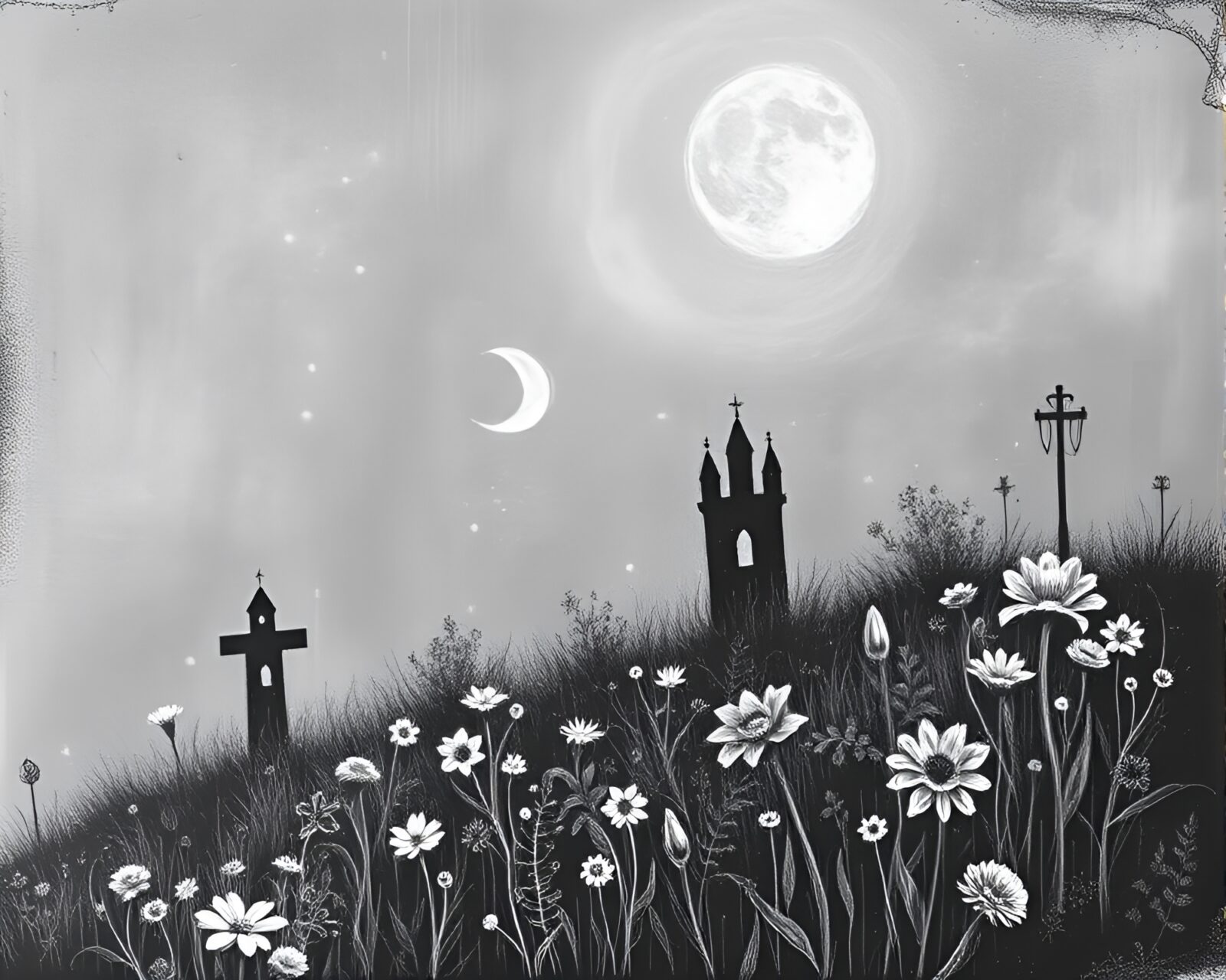 Stipple shaded image of a sky garden with necromantic shade