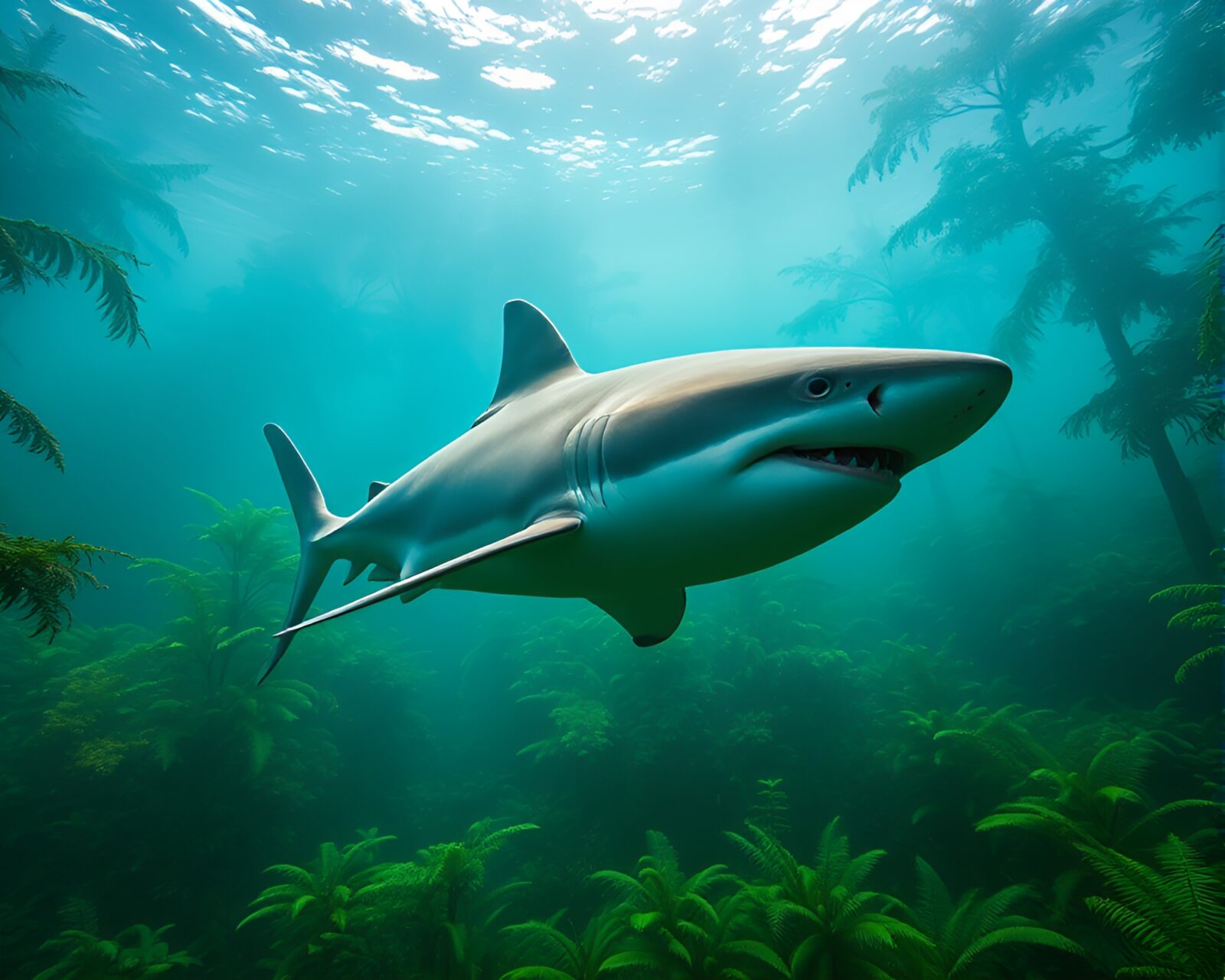 Majestic shark swimming through green mist in abstract art