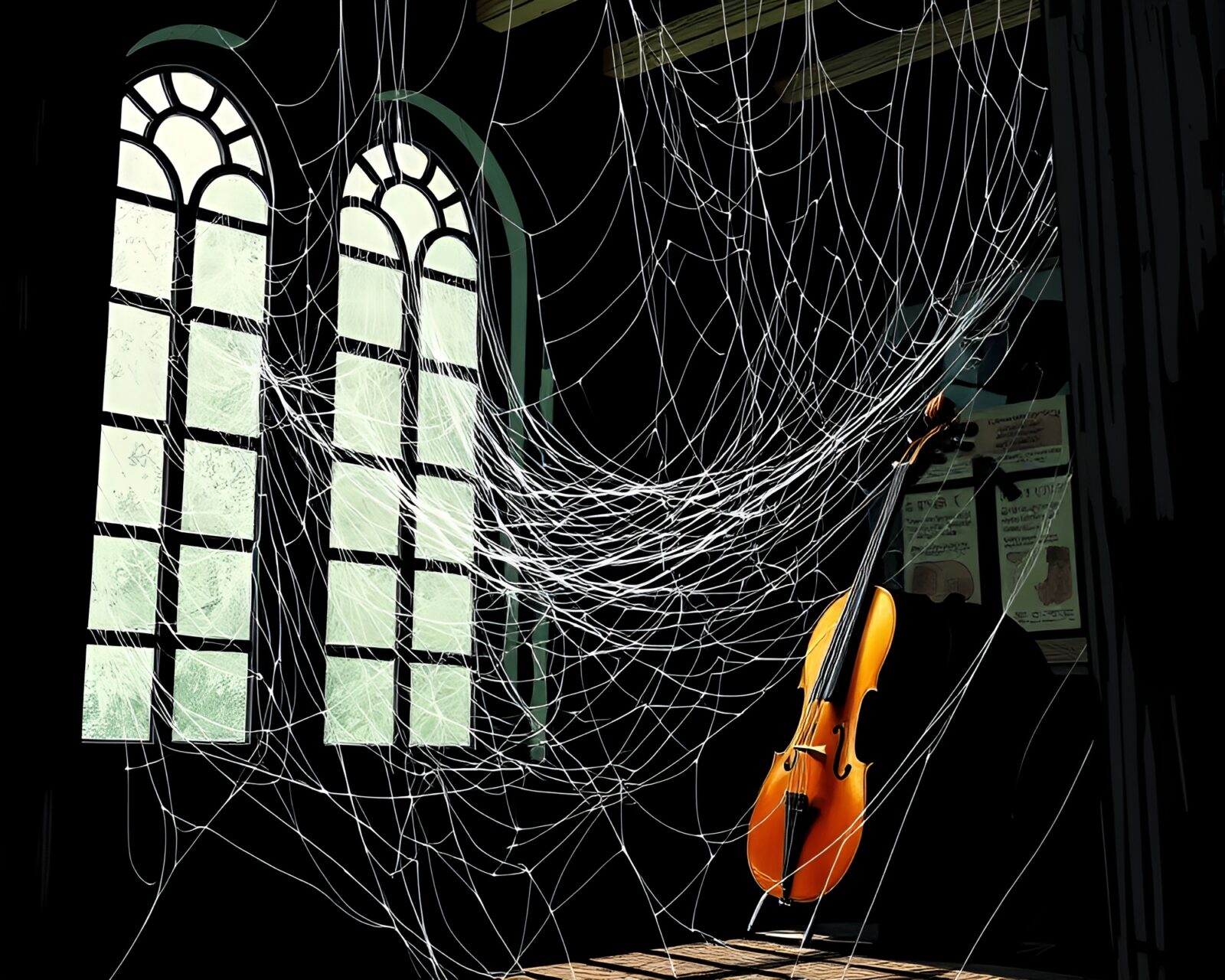 Eerie comic book style scene of cello surrounded by cobwebs