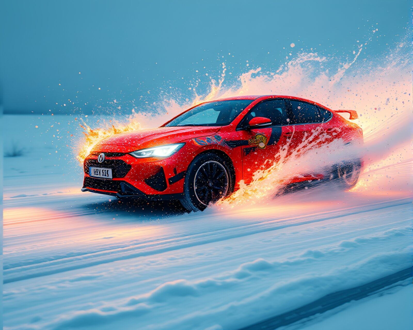 Fantasy hover car amidst ink splashes in snowy light