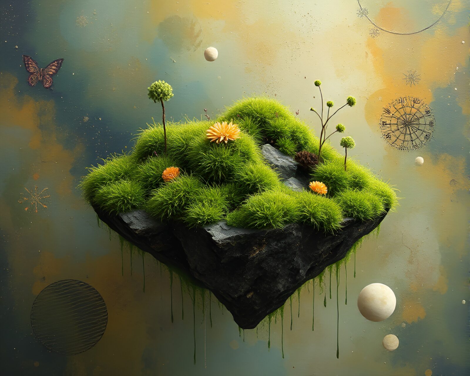 Enchanting cosmic mossy island floating amidst stardust clouds
