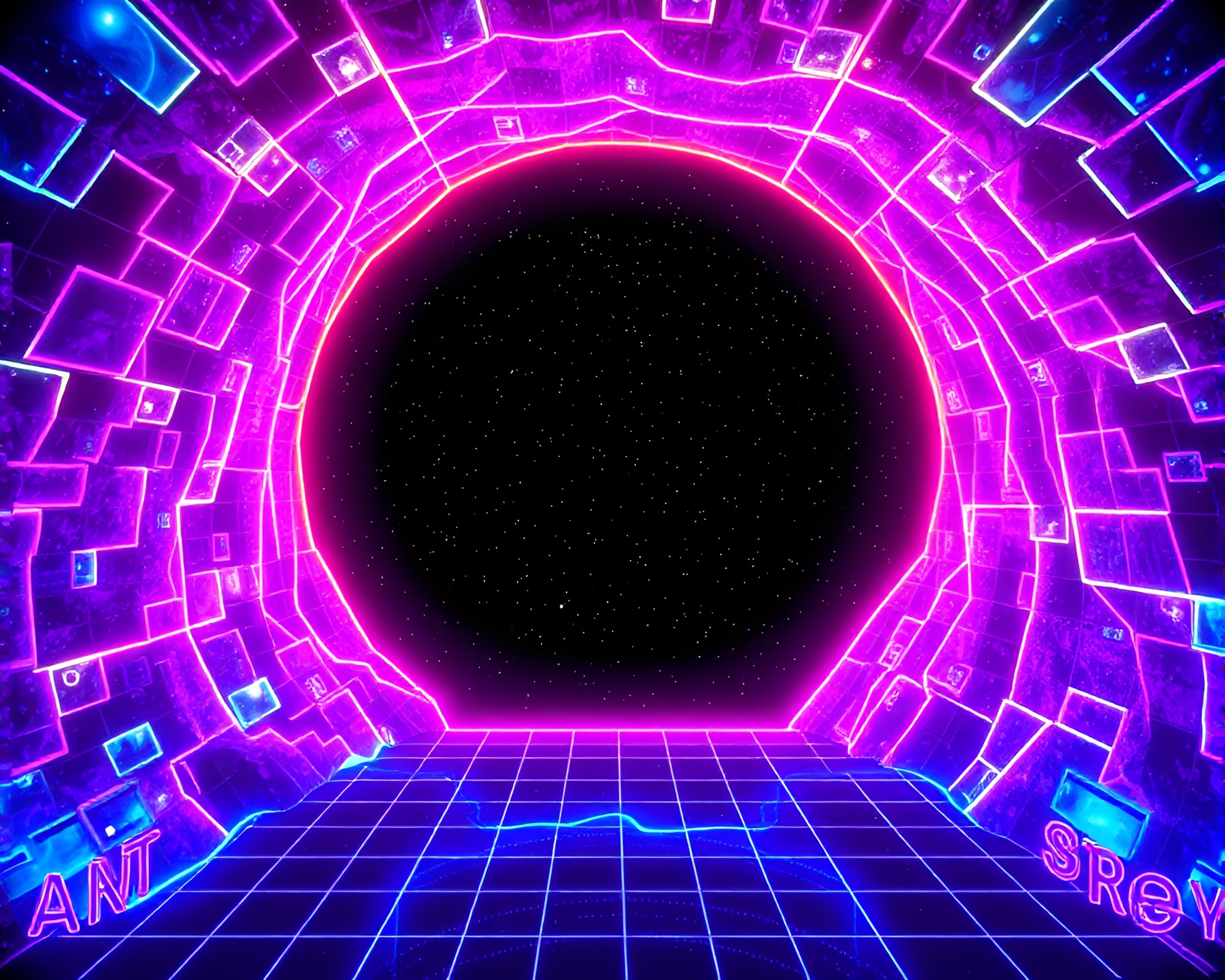 Neon Cosmic Rainbow Cavern Grid Overlay Composition – free AI stock image