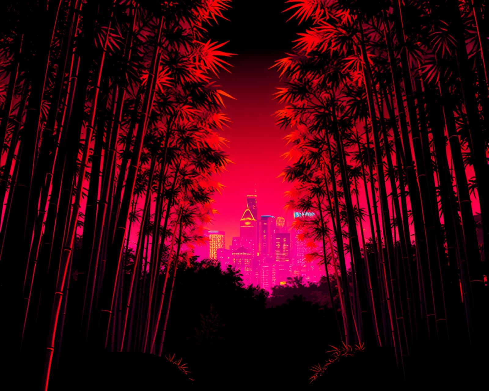Vibrant cityscape with glowing neon bamboo trees in silhouette