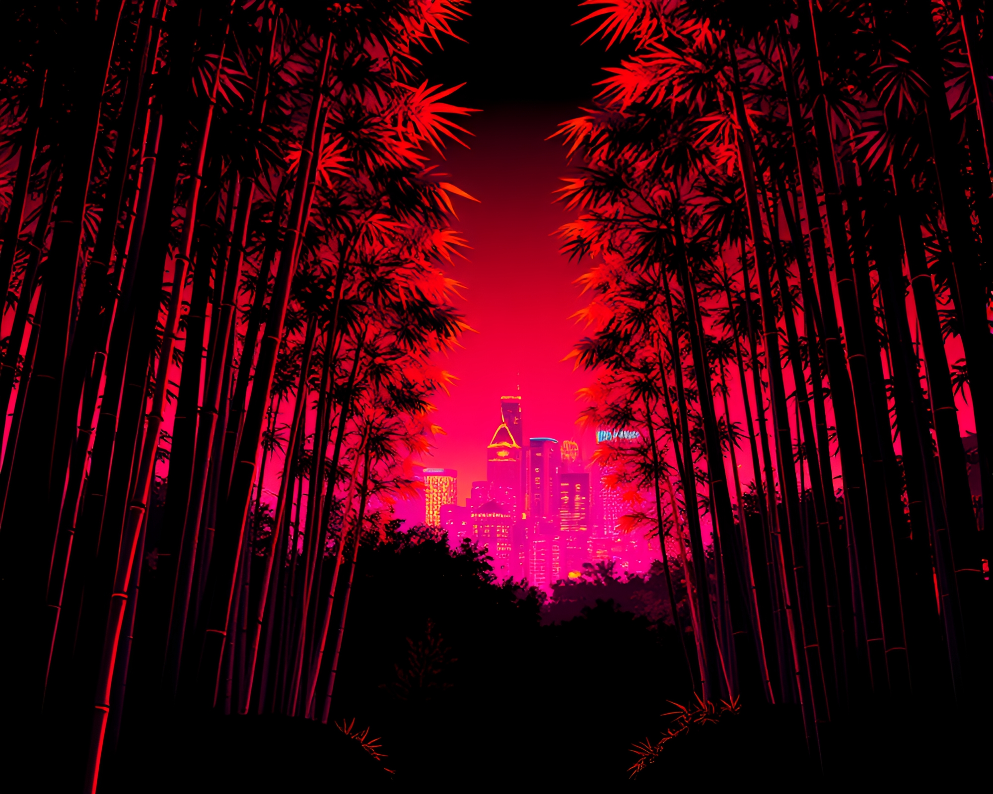 Neon Bamboo Grove in Silhouette Halftone Grid – free AI stock image