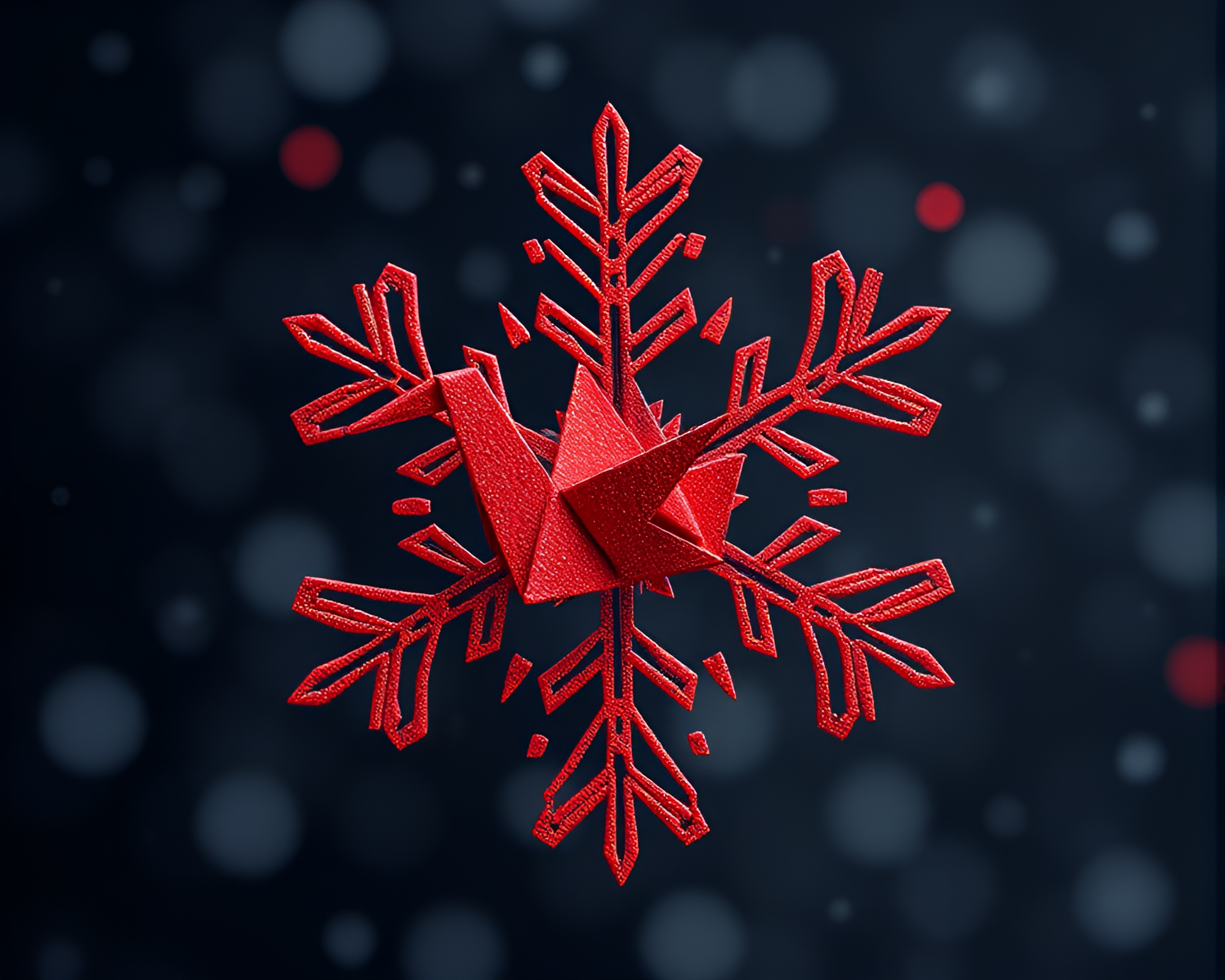 Op Art Snowflakes with Origami Crane in Brick Red Depth – free AI stock image