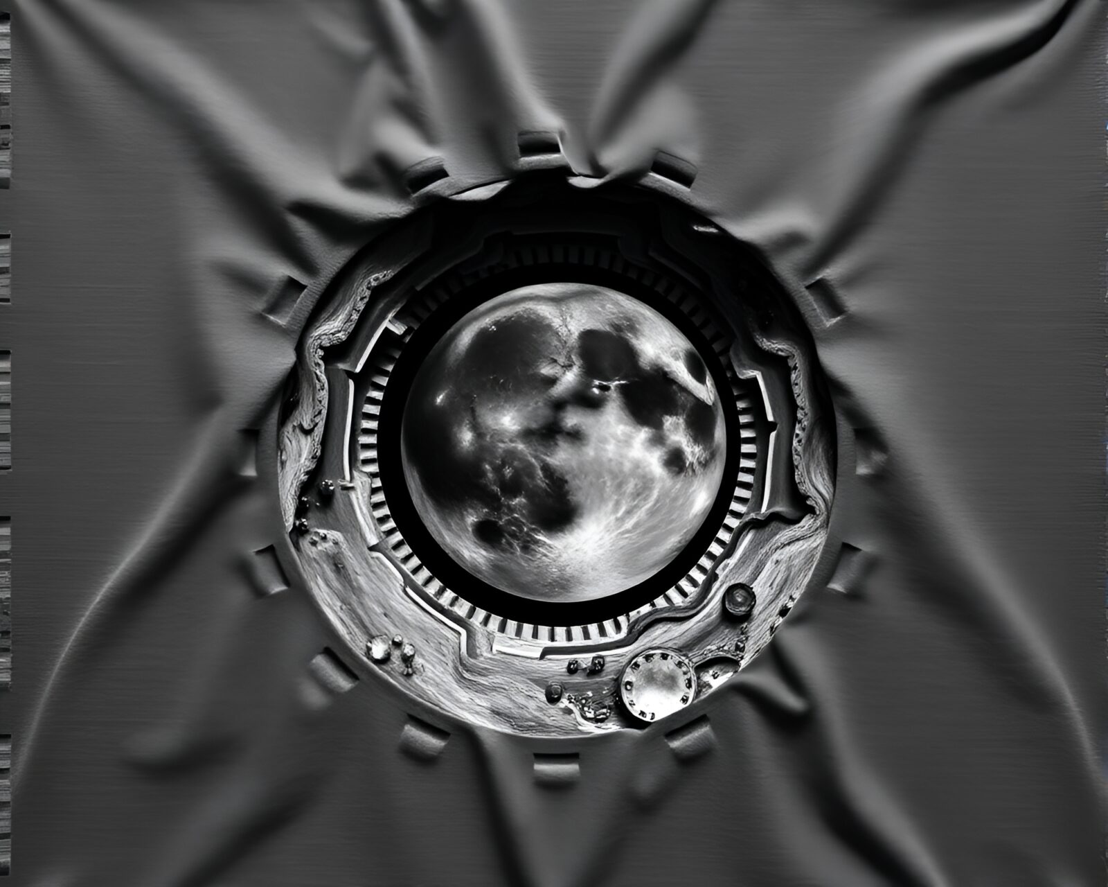 A mesmerizing lunar-themed scene with a realistic cloth suspended over a wormhole generator