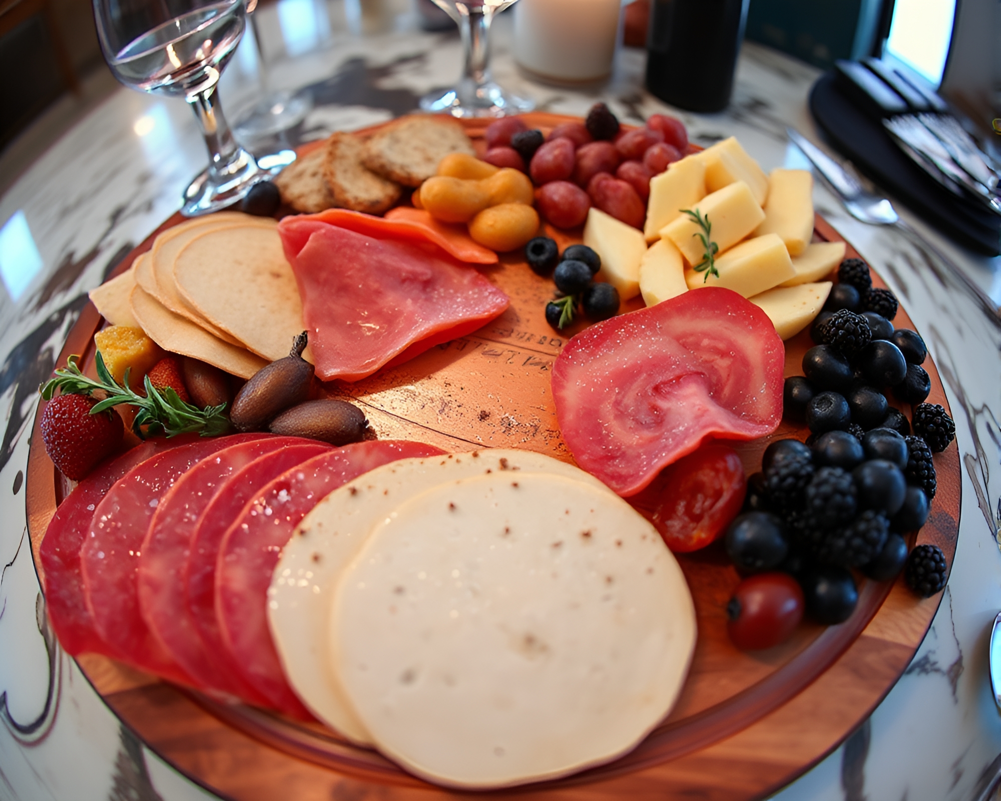 Charcuterie Board in Rose Gold Stained Glass Fantasy – free AI stock image