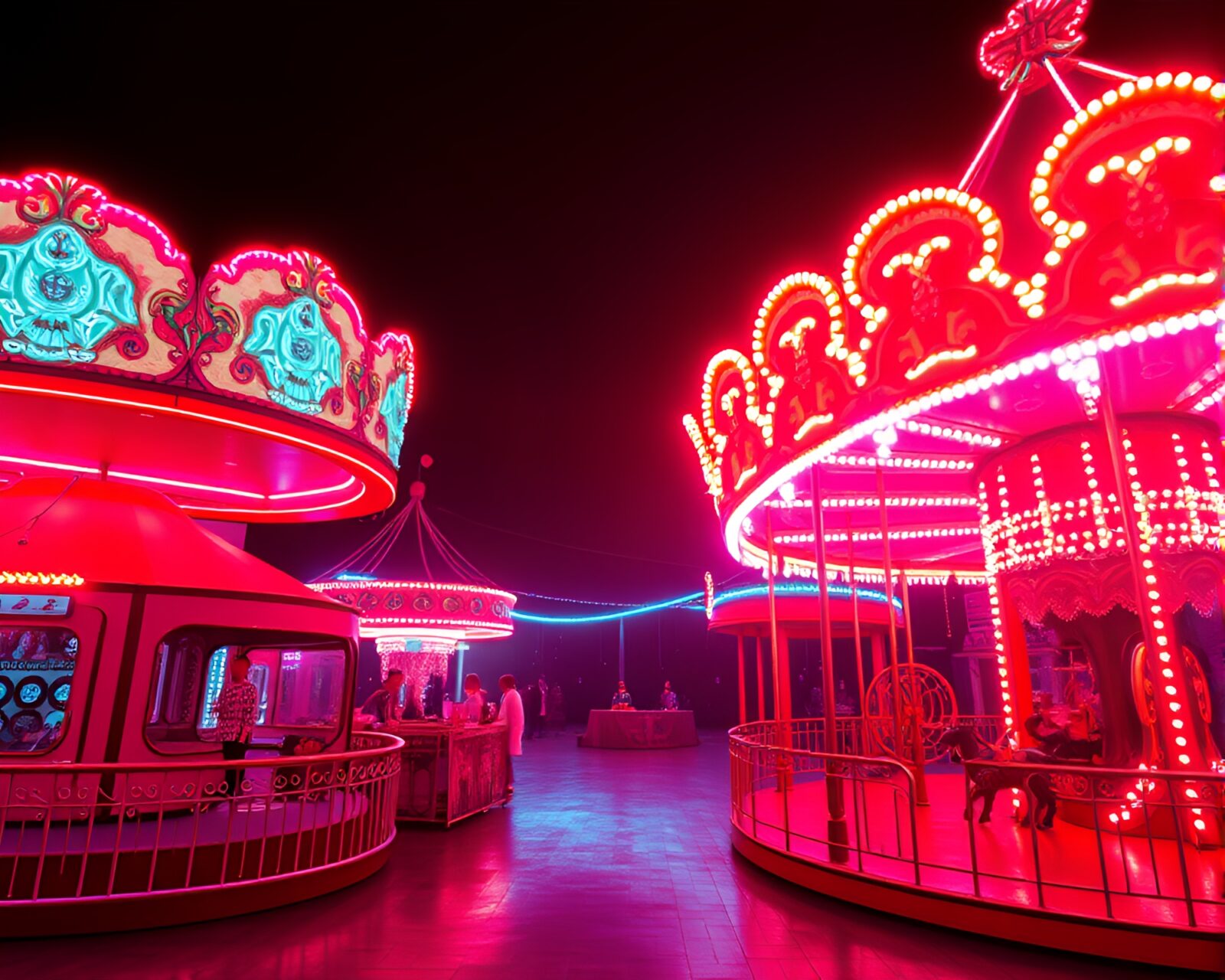 Glowing carousel horses surrounded by neon tubing at night