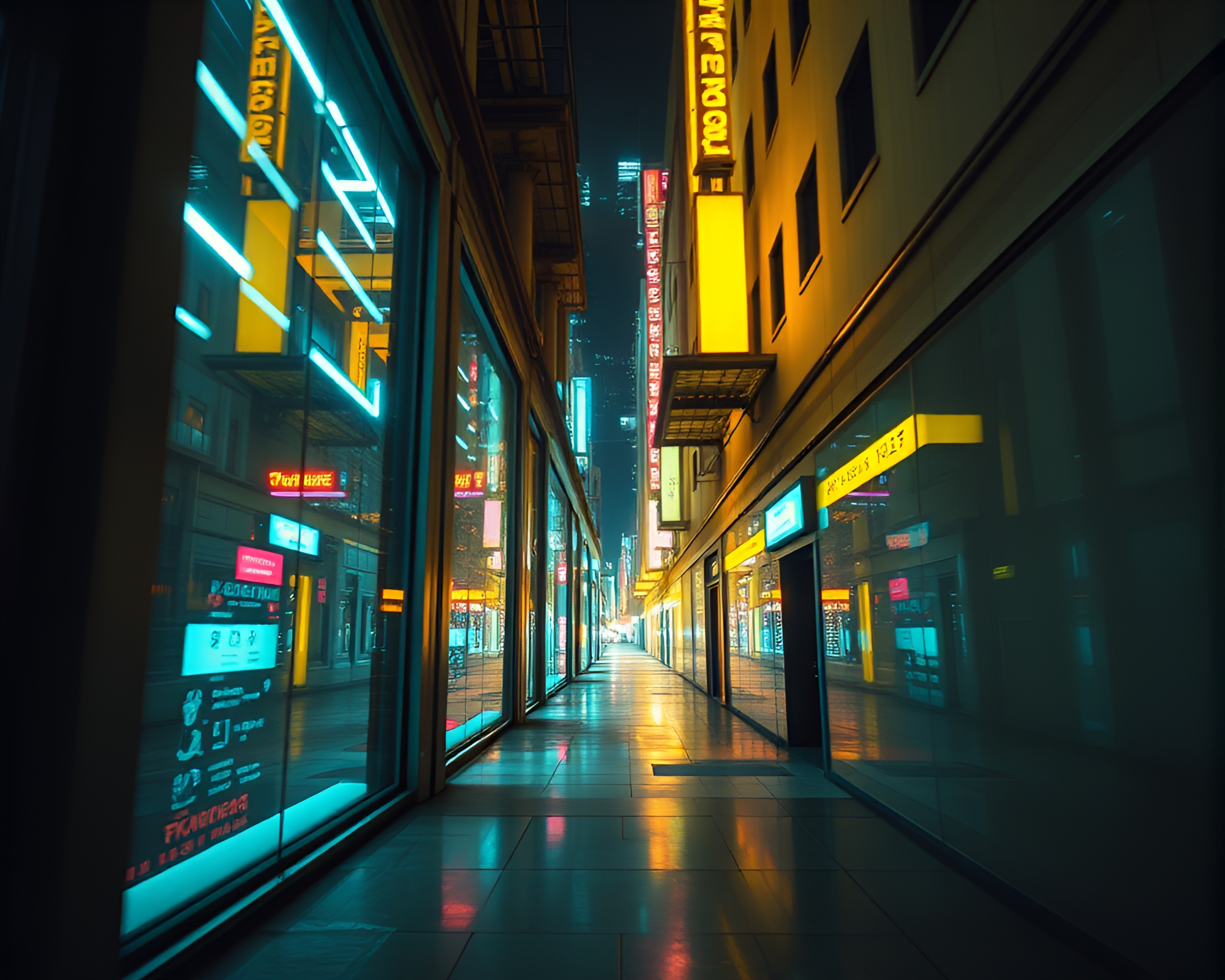 Cyberpunk Alley Glass Distortion Architectural Rendering – free AI stock image
