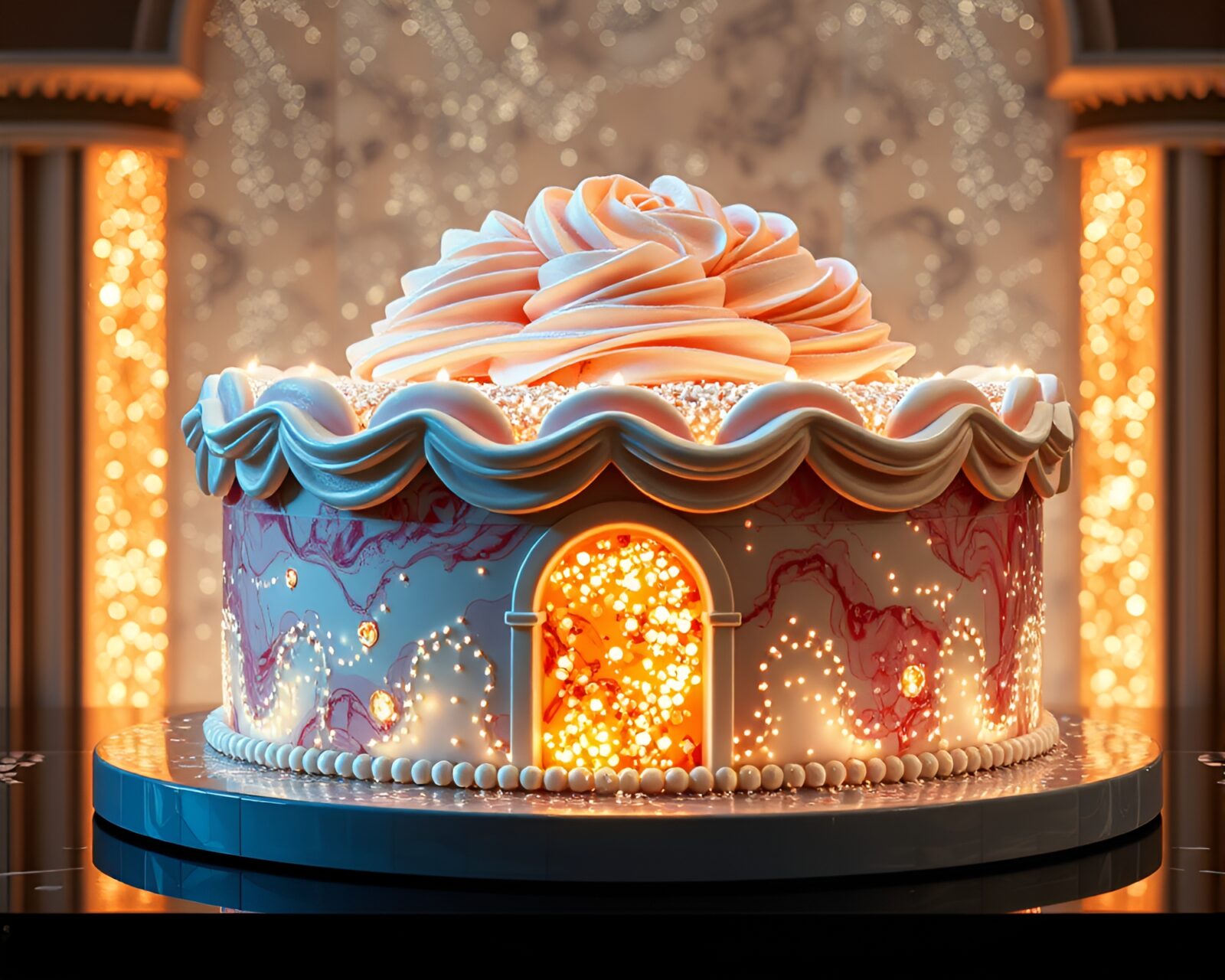 Abstract architectural perspective of marbled cake with intricate stippling detail under mosaic lighting