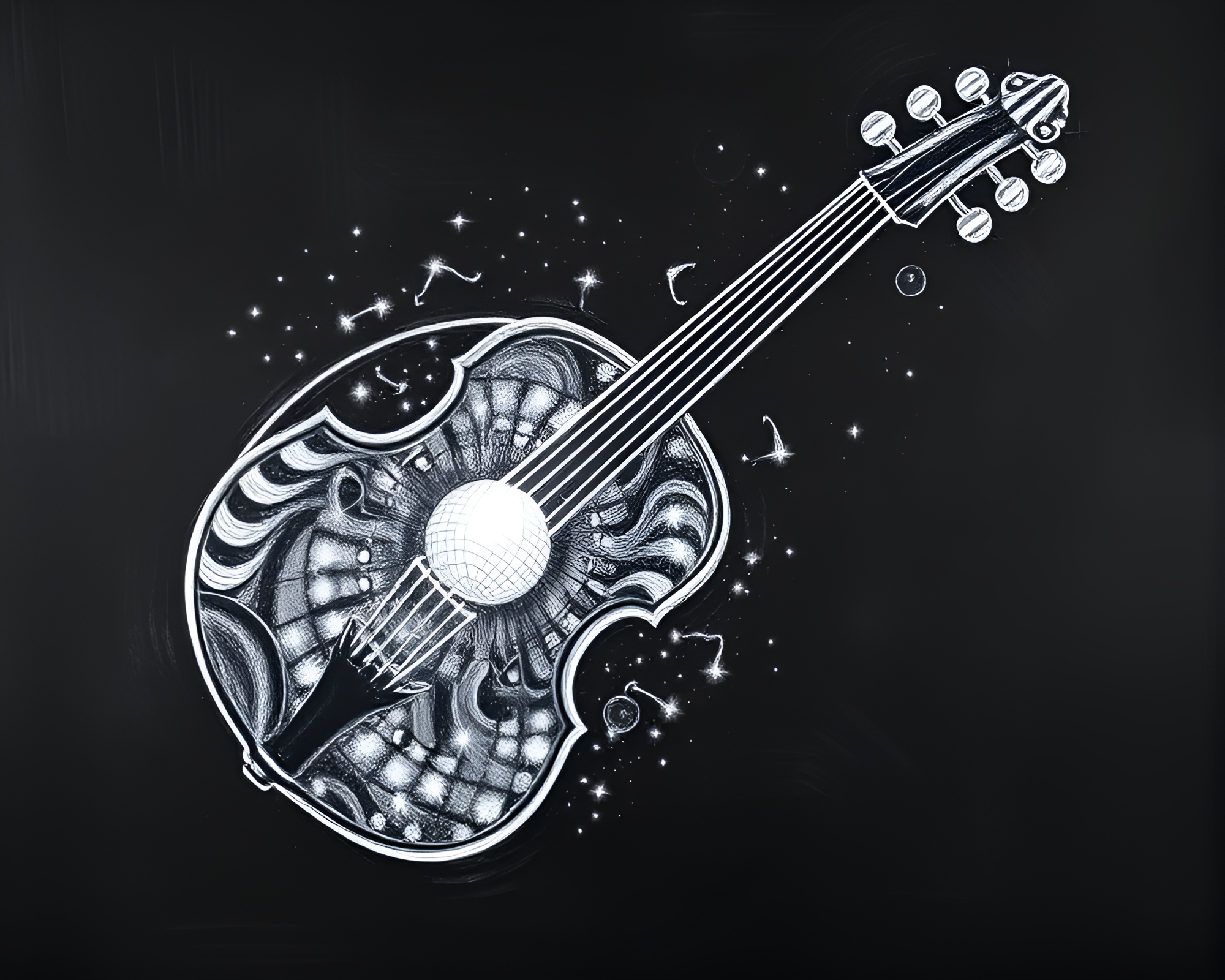 Fibonacci Spiral Violin under Disco Ball Glow – free AI stock image