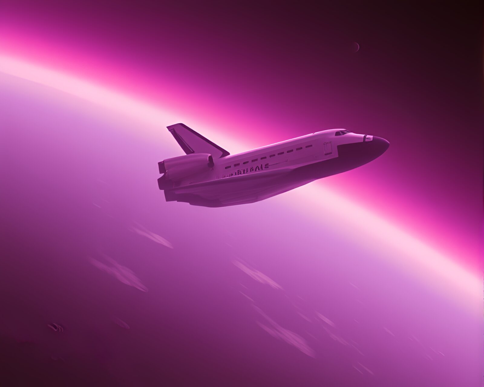Oil slick rainbow reflects on the space shuttle in twilight sky