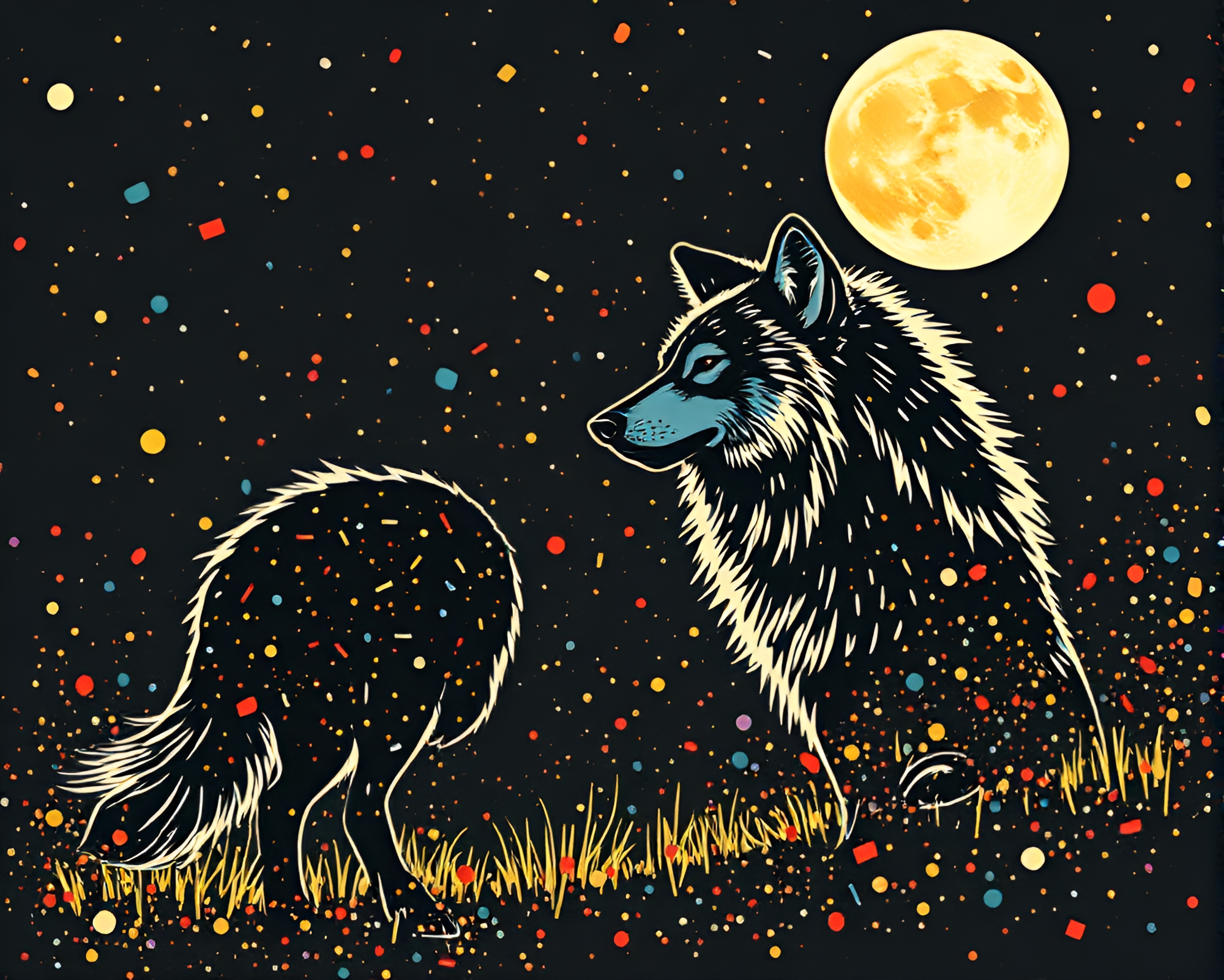 Moonlit Wolf’s Confetti Carnival – free AI stock image