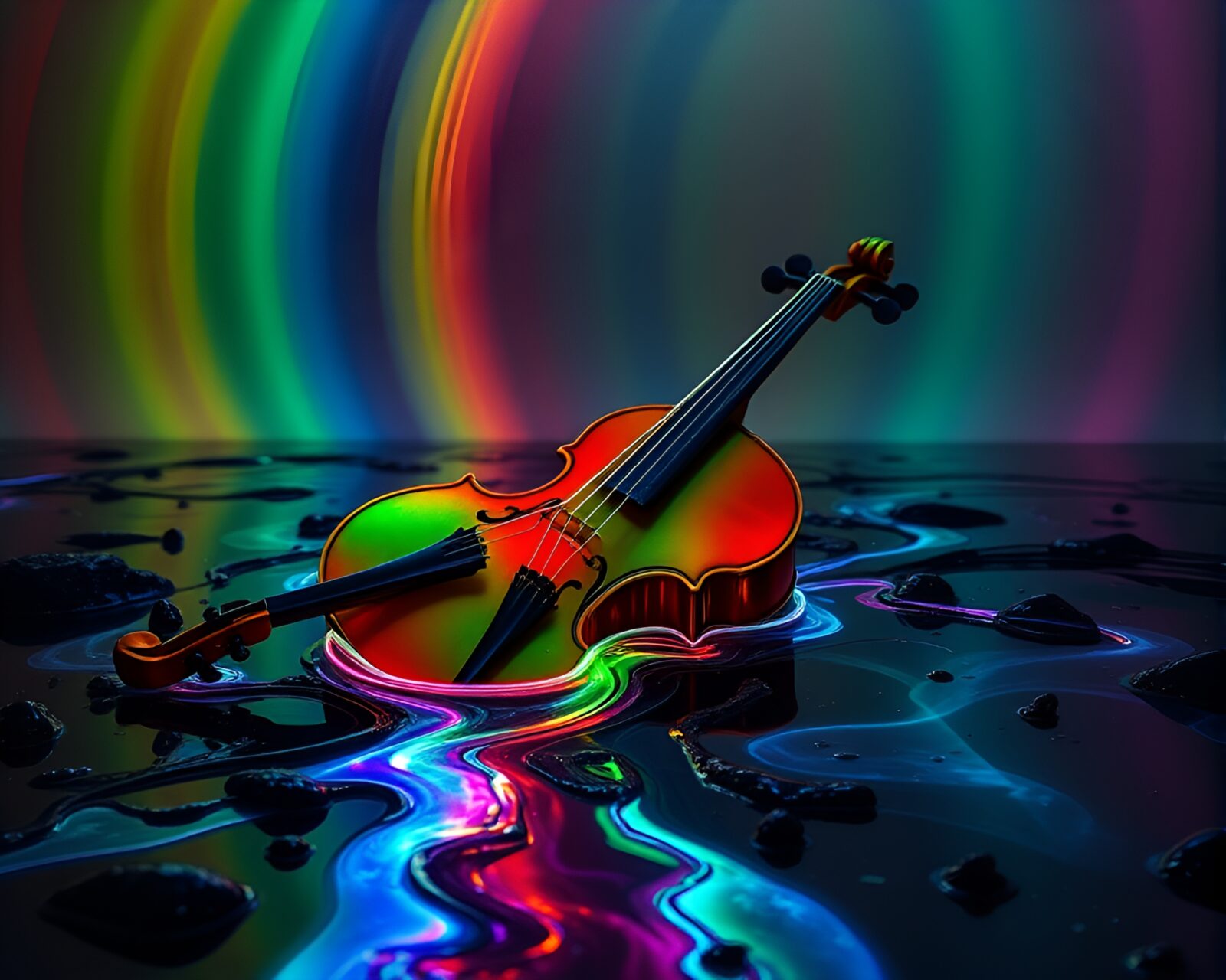 Surreal violin glowing in rainbow oil slick fantasy world