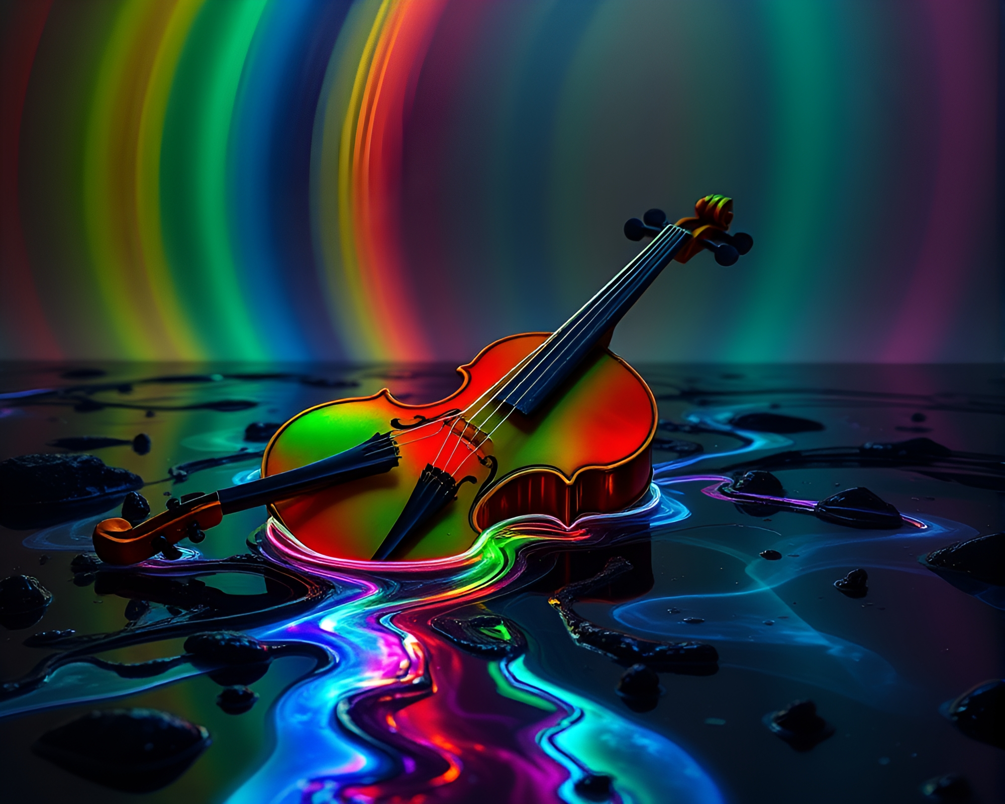 Bioluminescent Violin in Utopian Oil Slick Rainbow Composition – free AI stock image