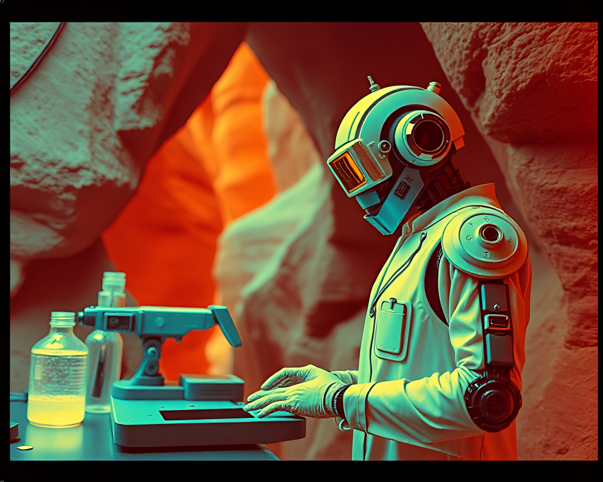 Robotic Lab in Rust Canyon Tone: Vector Halftone Composition – free AI stock image