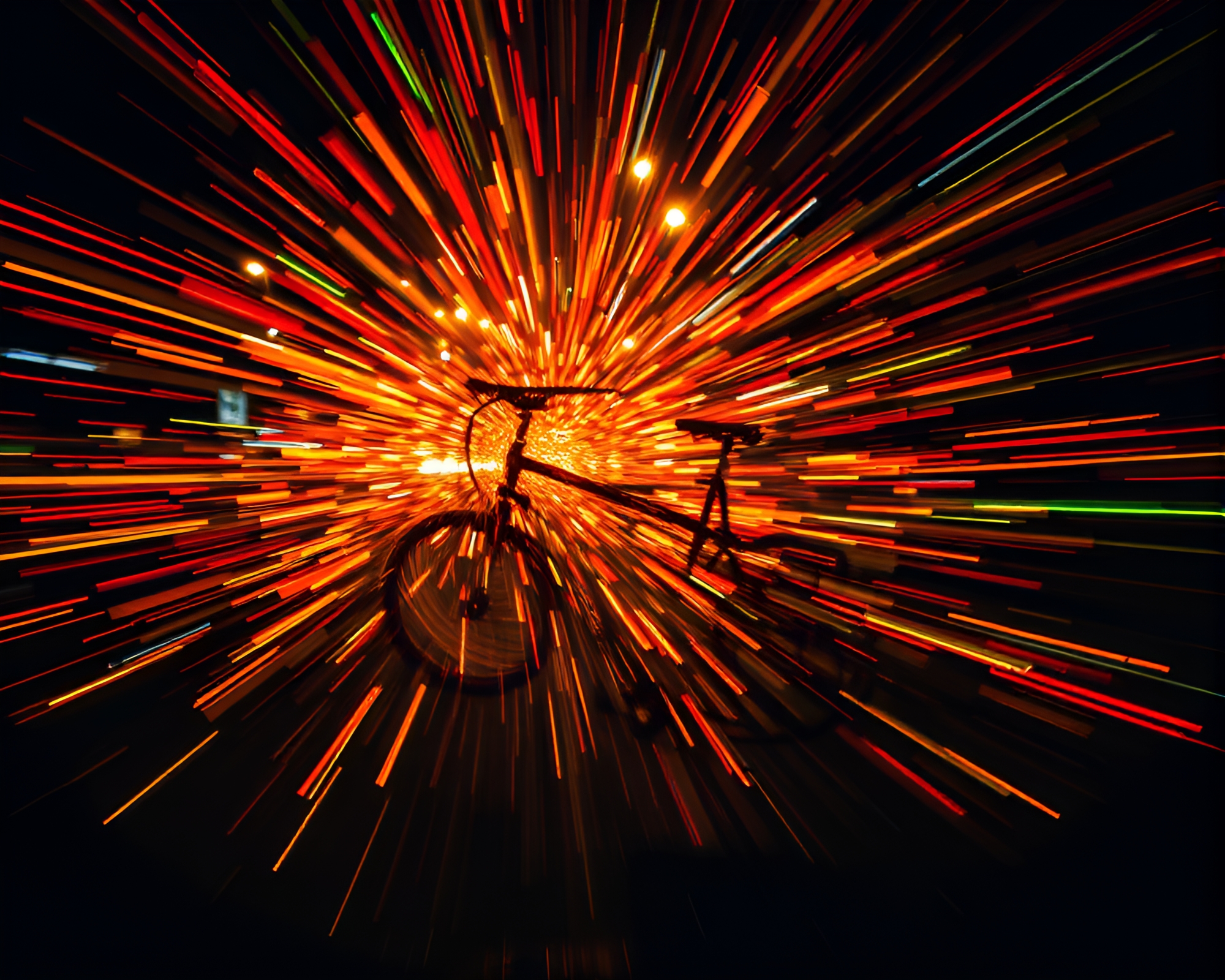 Vibrant Mural of Bicycles amidst Car Light Trails – free AI stock image