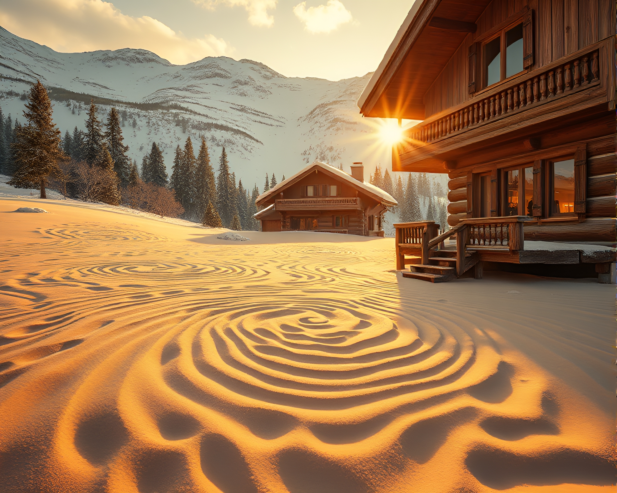Morning Light Chalet in Dystopian Sand Swirl – free AI stock image