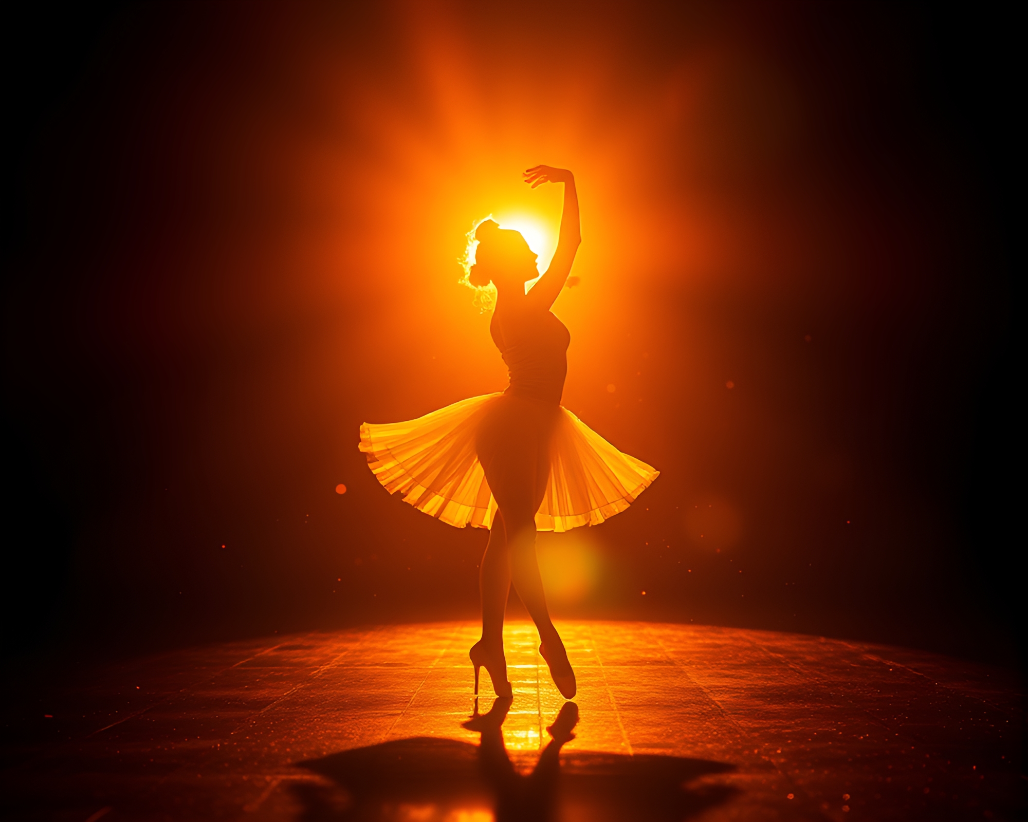 Ballet dancer in holographic golden hour backscatter flare – free AI stock image