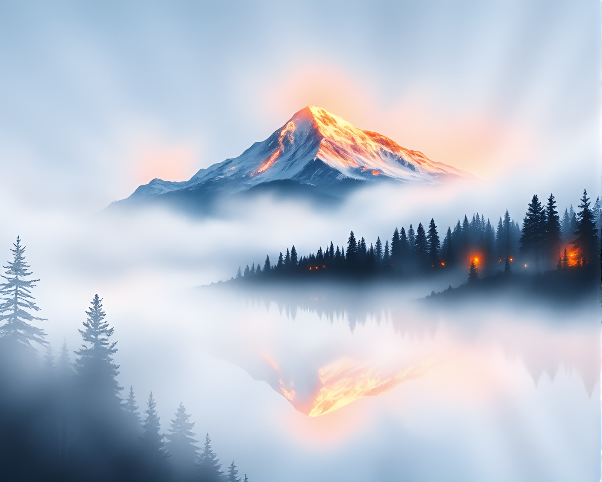 Misty Mountain Glow: Neon Wildlife Watercolor – free AI stock image