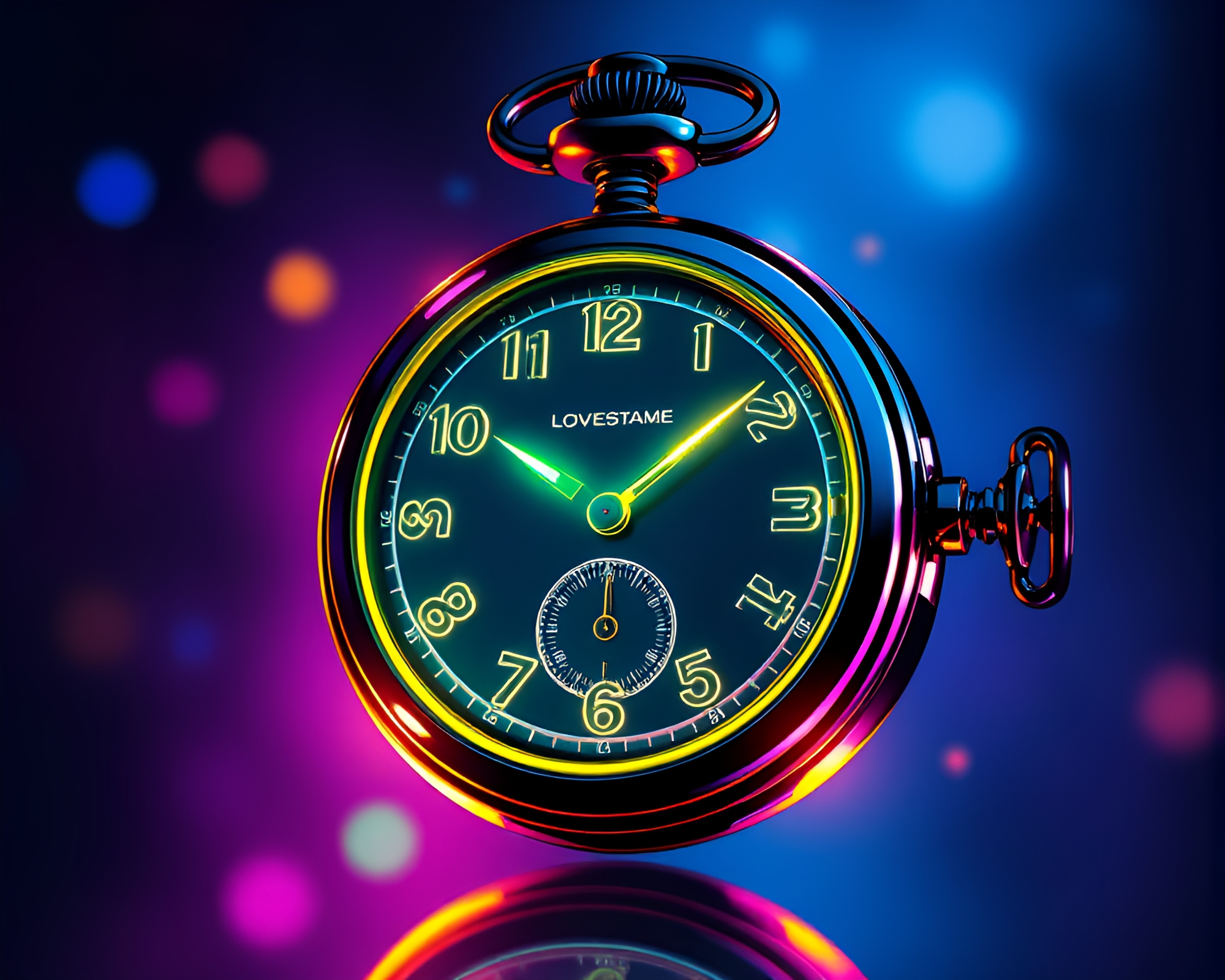 Neon Wireframe Pocket Watch with Iridescent Highlights – free AI stock image
