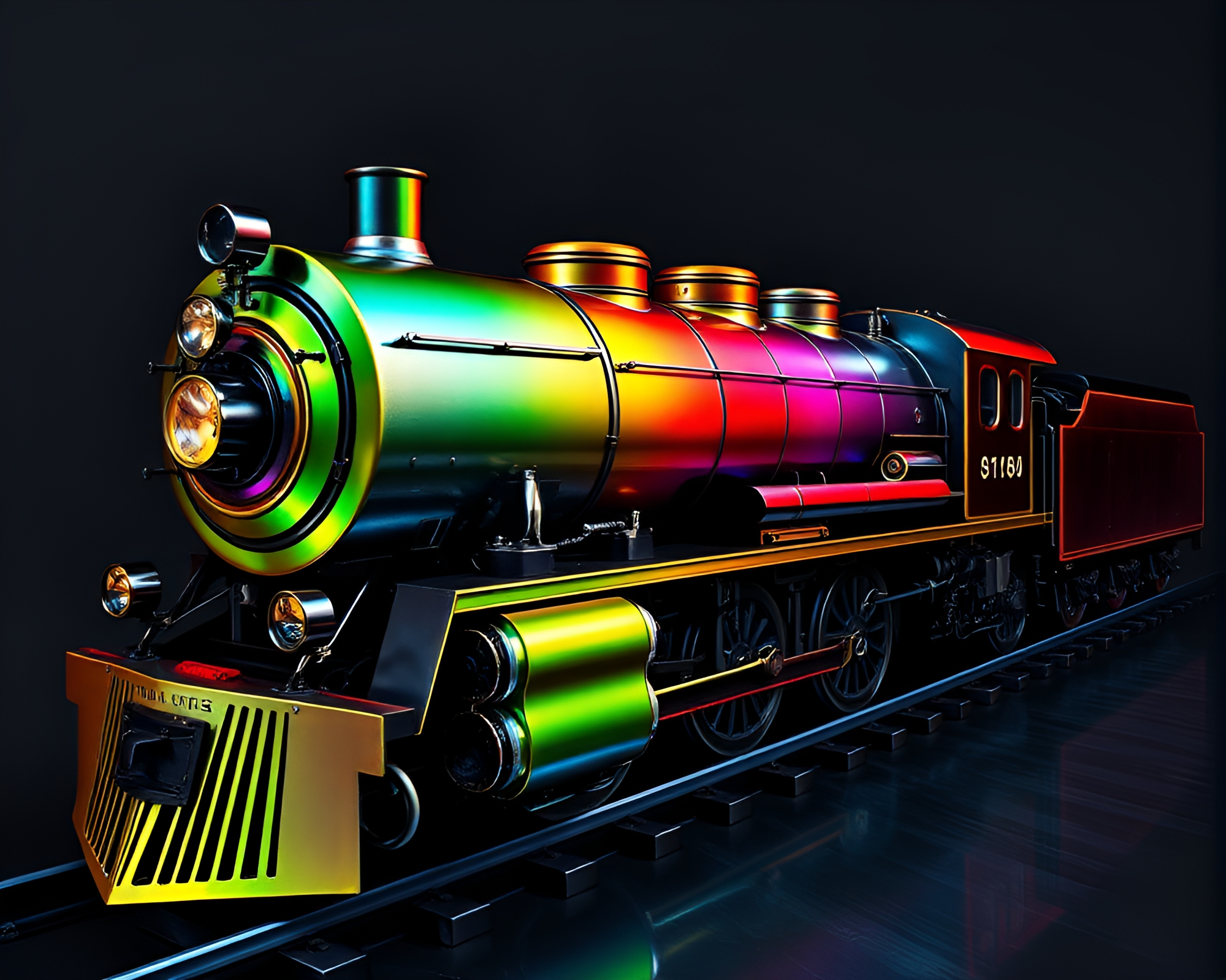 Steam locomotive in oil slick rainbow hues – free AI stock image