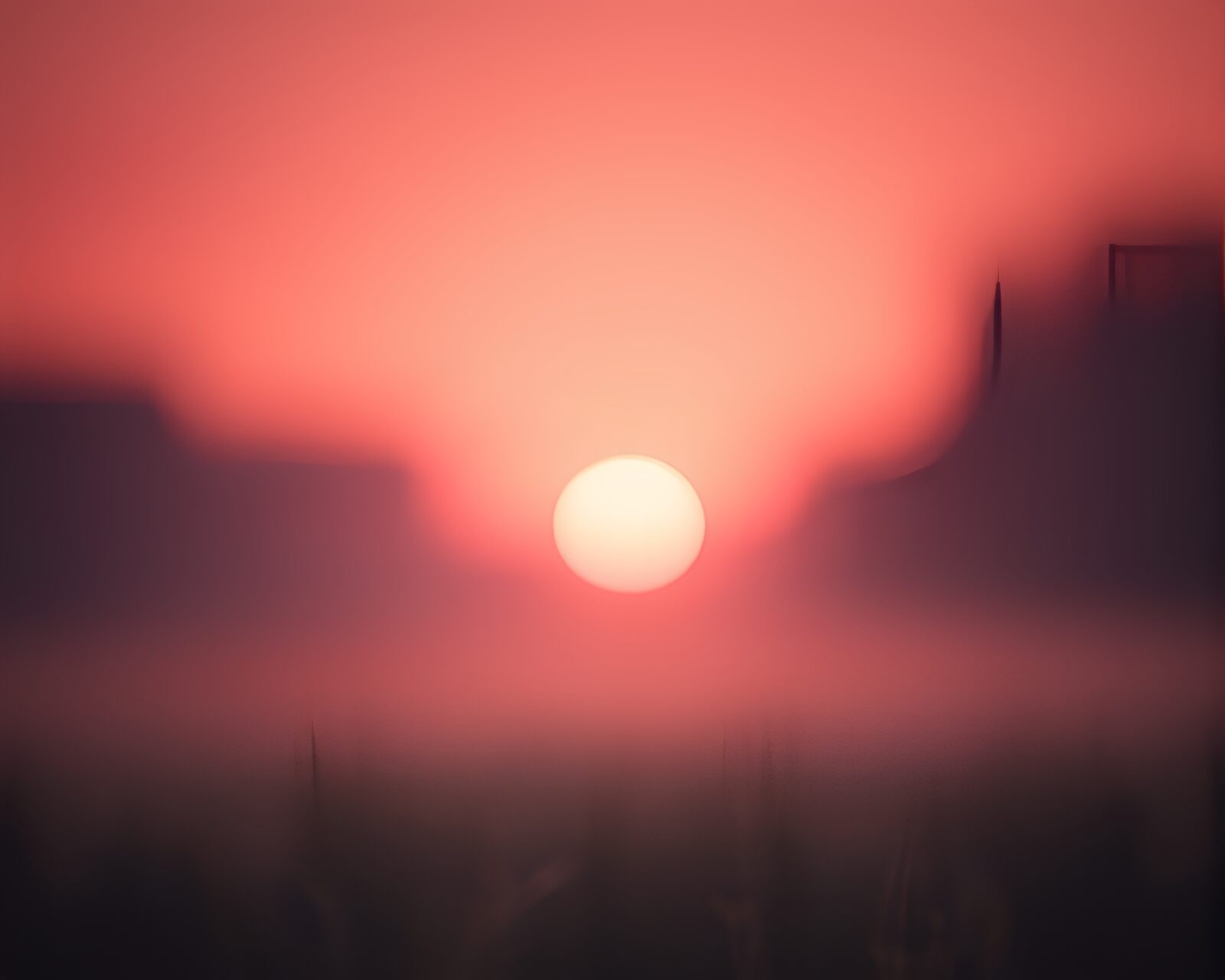 A surreal scene with pink light and textural distortions